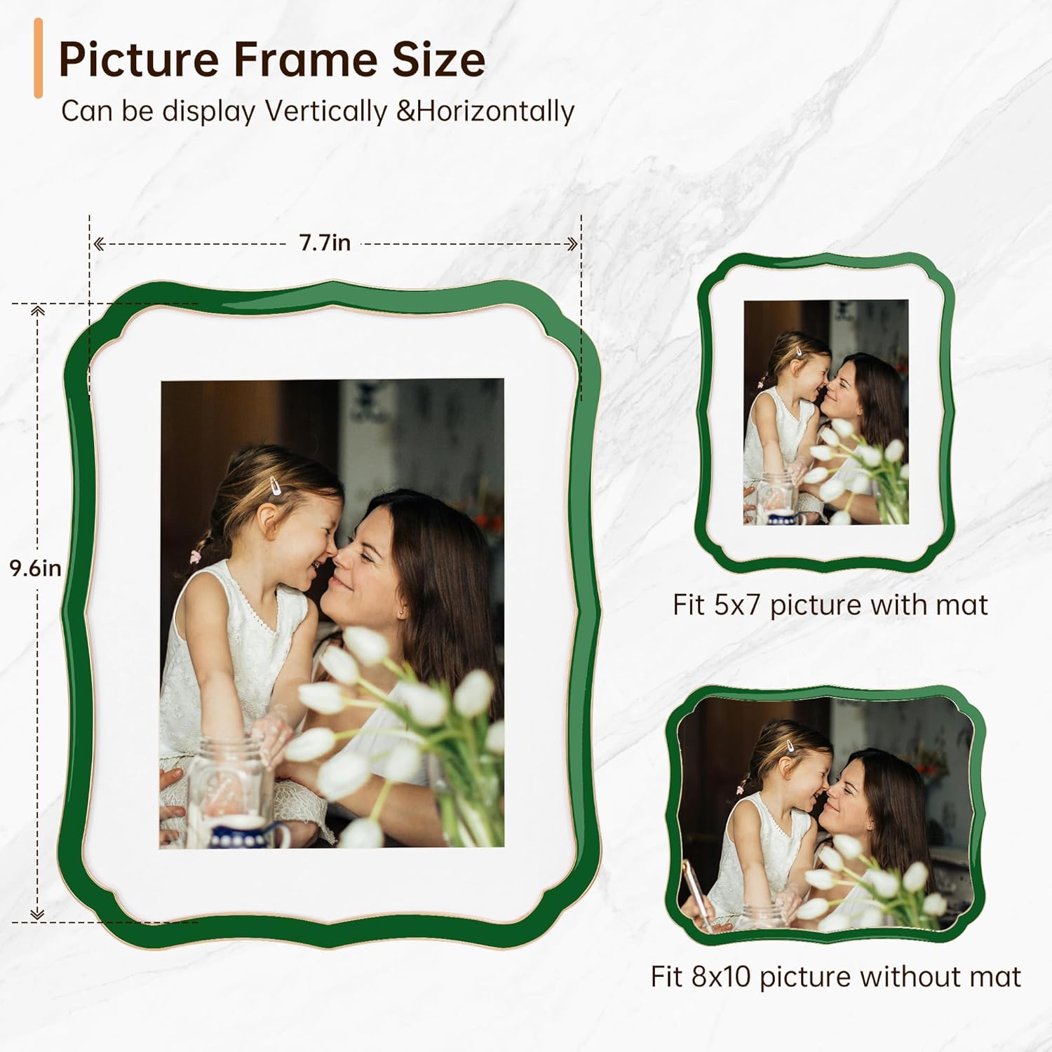 8x10 Enamel Picture Frame with HD-Tempered Glass, Display 5x7 Photo with Mat, Ornate Photo Frame with Metal Edge & Velvet Back for Tabletop & Wall Mount Vertically or Horizontally Display, Green