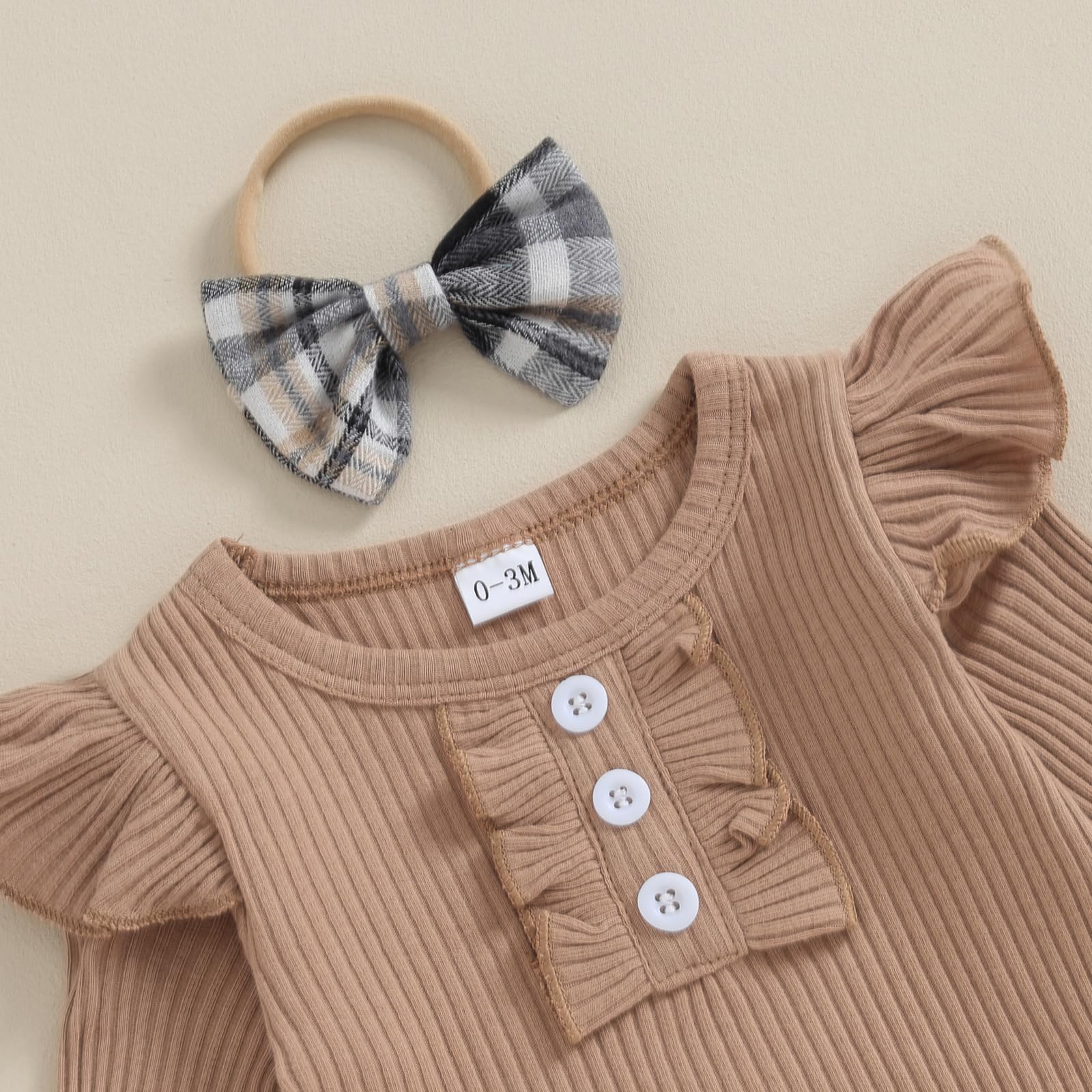 Newborn Infant Baby Girl Christmas Outfit Ribbed Knit Cotton Romper Plaid Skirts Headband Winter Clothes 0-18M (Khaki, 6-9 Months)