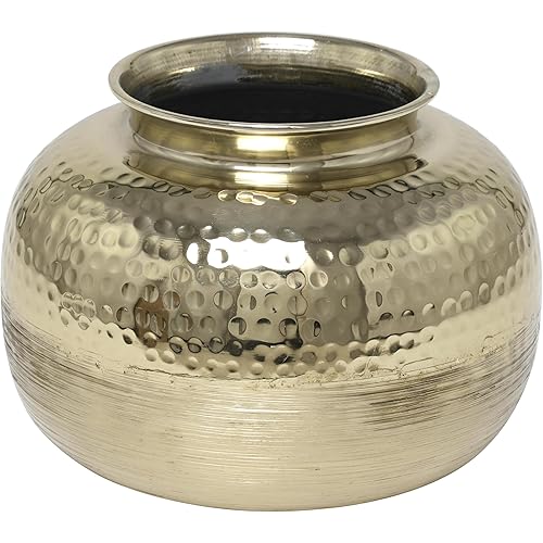 Deco 79 Aluminum Metal Decorative Vase Brushed Centerpiece Vase with Hammered Top, Flower Vase for Home Decoration 10" x 10" x 7", Gold