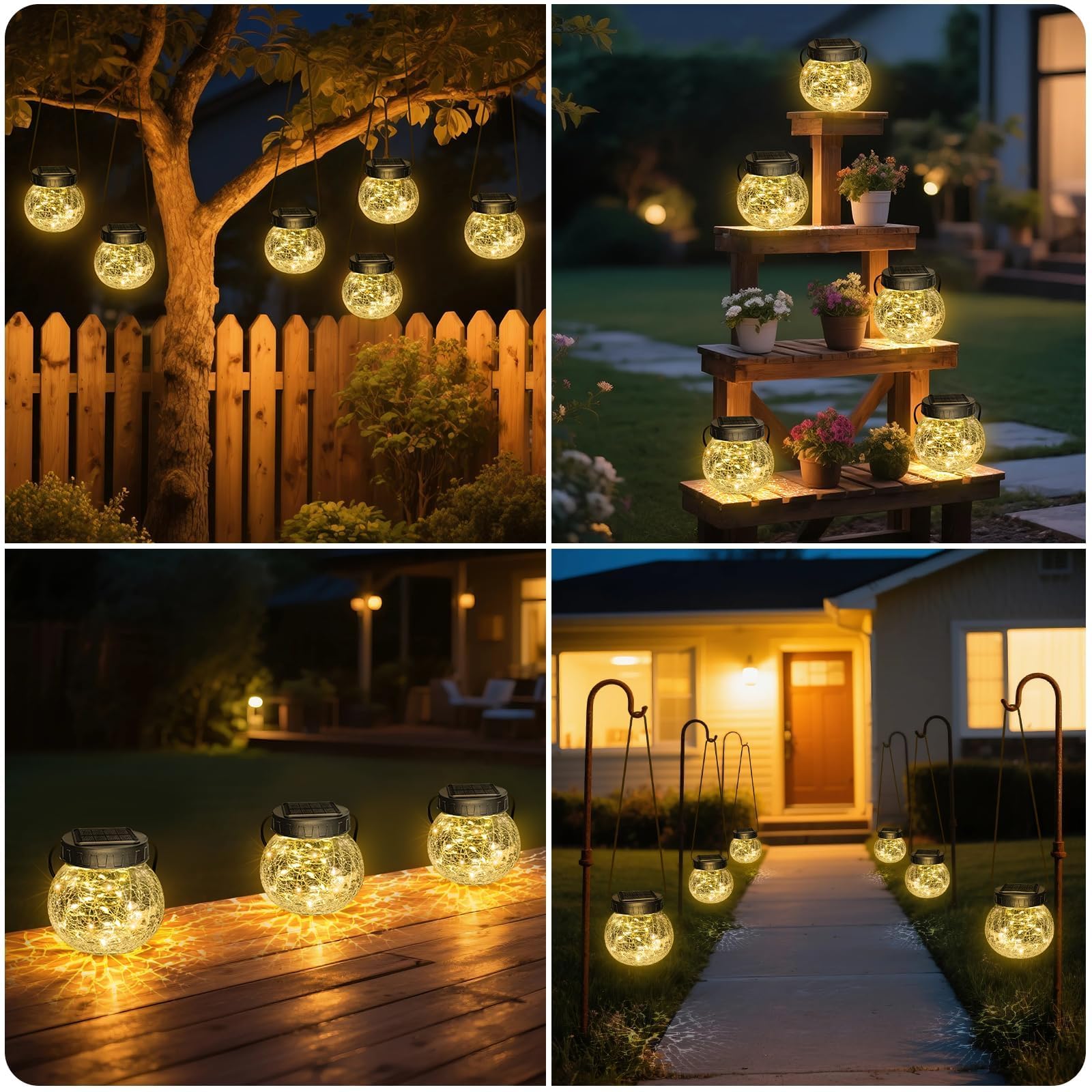 Kolpop Lanterne solari per esterni, impermeabili, confezione da 6, lanterne solari da appendere con 30 LED, sfere in vetro craquelato, per decorazione di giardino, recinzione, patio, cortile, albero