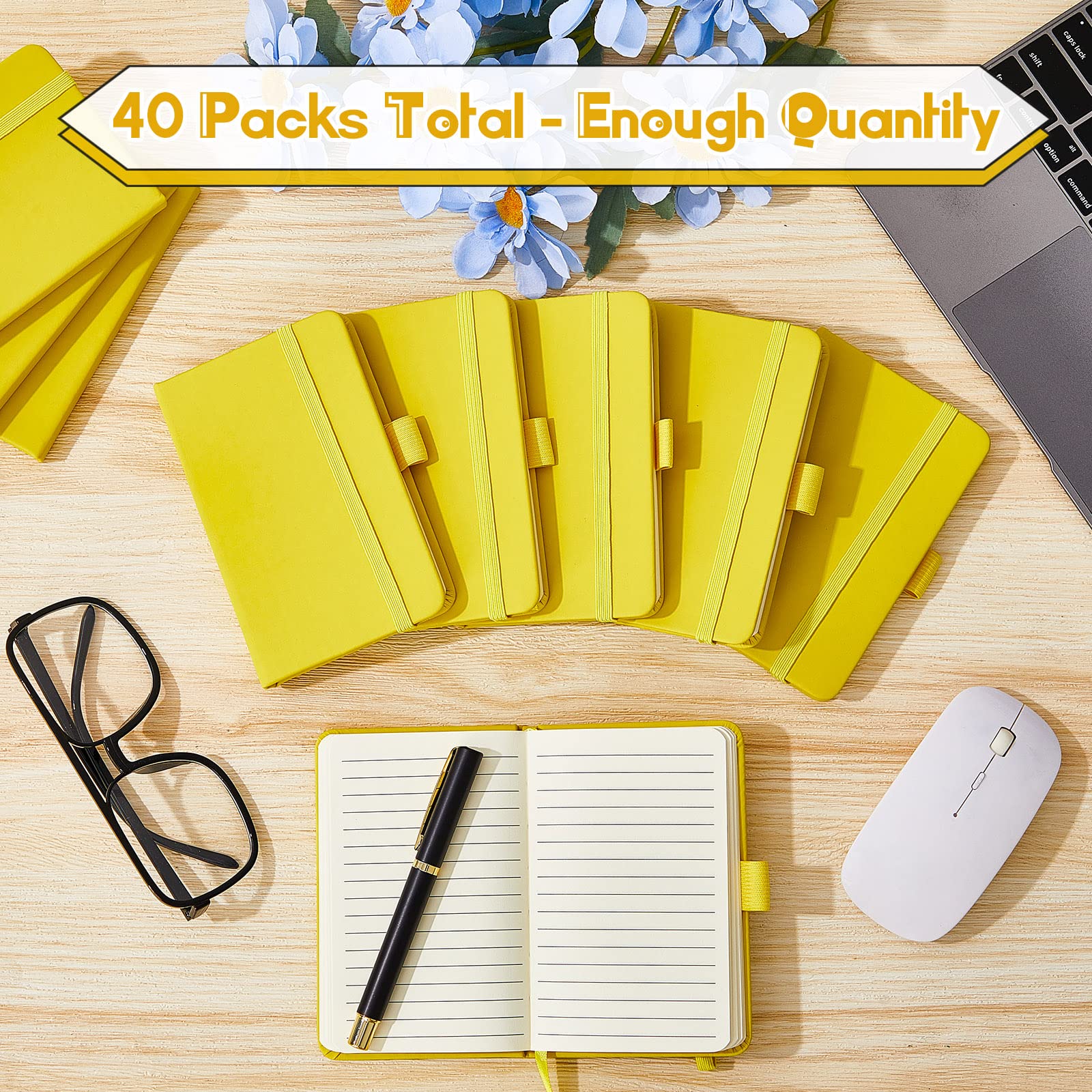 40 quaderni tascabili, formato A6, 8,9 x 14,9 cm, piccoli quaderni in pelle, a righe, con fascia elastica, portapenne, nastri segnalibro (giallo)