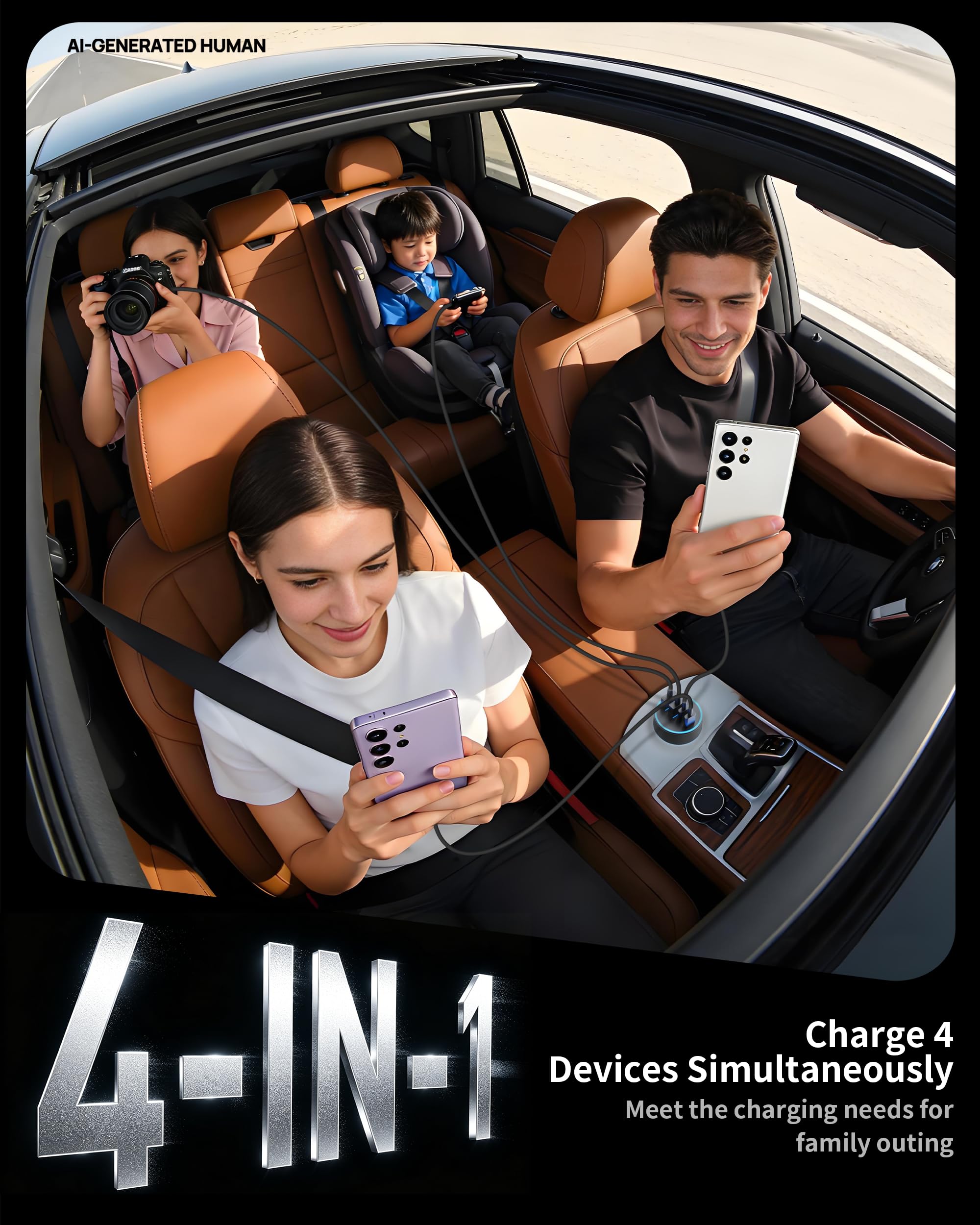 Kfz-Ladegerät USB C Schnellladung, 90W 4-Port Auto Telefon Ladegerät Super Schnellladung Dual USB-C & USB-A Zigarettenanzünder Adapter mit 240W Typ C Kabel für Samsung Galaxy S26/S25/S24/S23, Pixel
