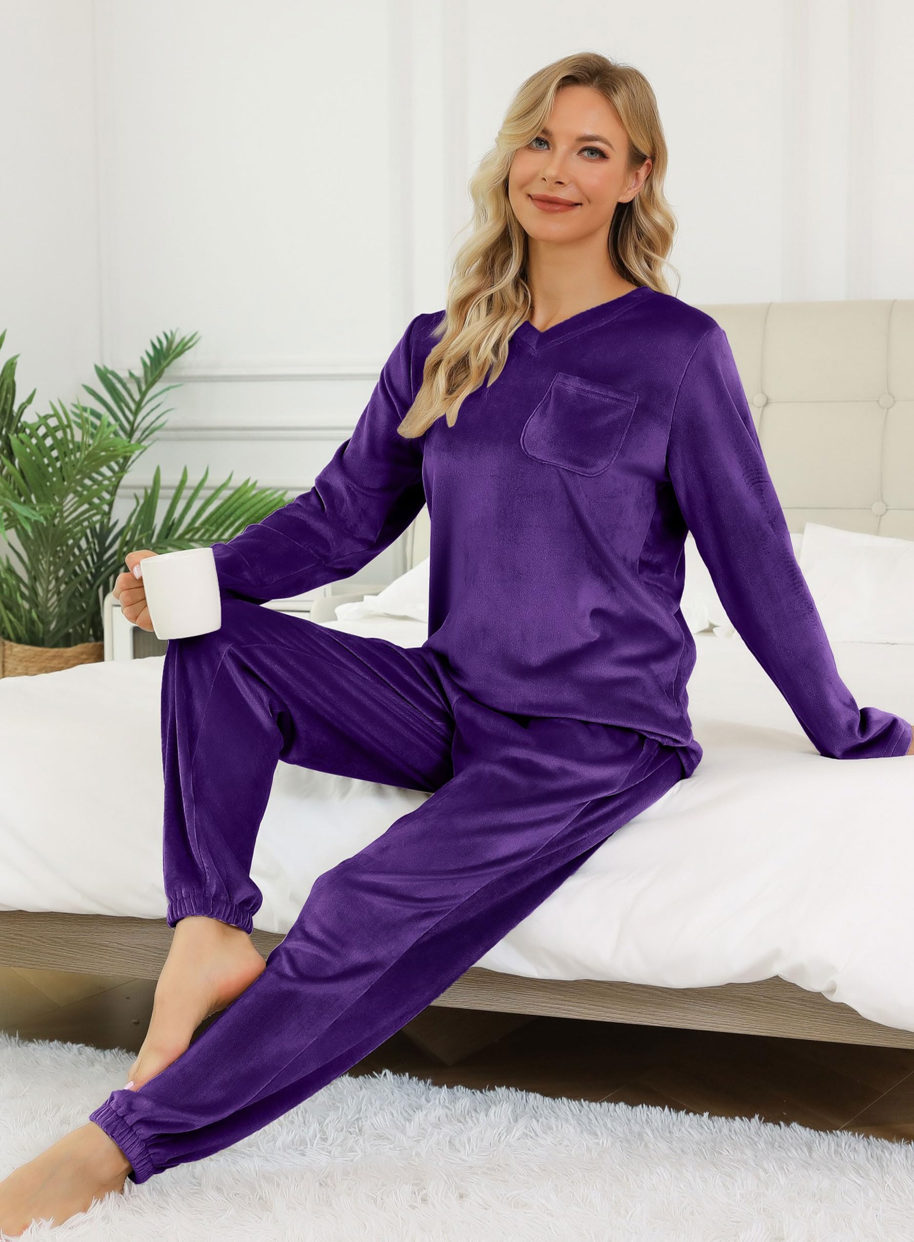 Lovasy Pigiama Donna in Pile Invernale Caldo Morbido e Confortevole | Pigiama a Maniche Lunghe con Scollo a V Set Pigiami Due Pezzi Leggero con Tasche