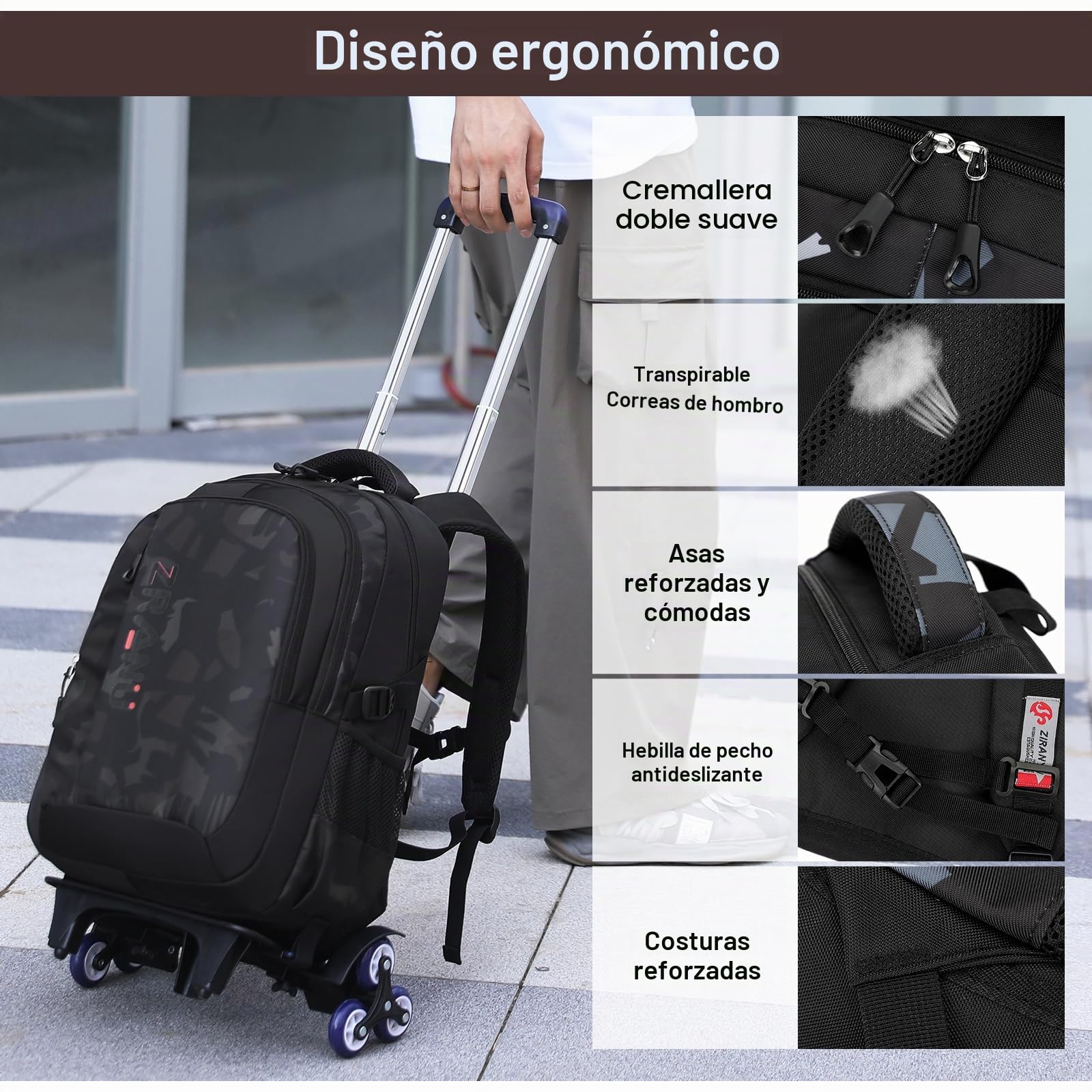 Amythe Mochila con Ruedas Niños Mochilas Escolares Trolley para Adolescentes 10 12-24 años, Carro para Mochilas 6 Ruedas, Mochila de Viaje Gran Capacidad y Resistente al Agua, Marrón