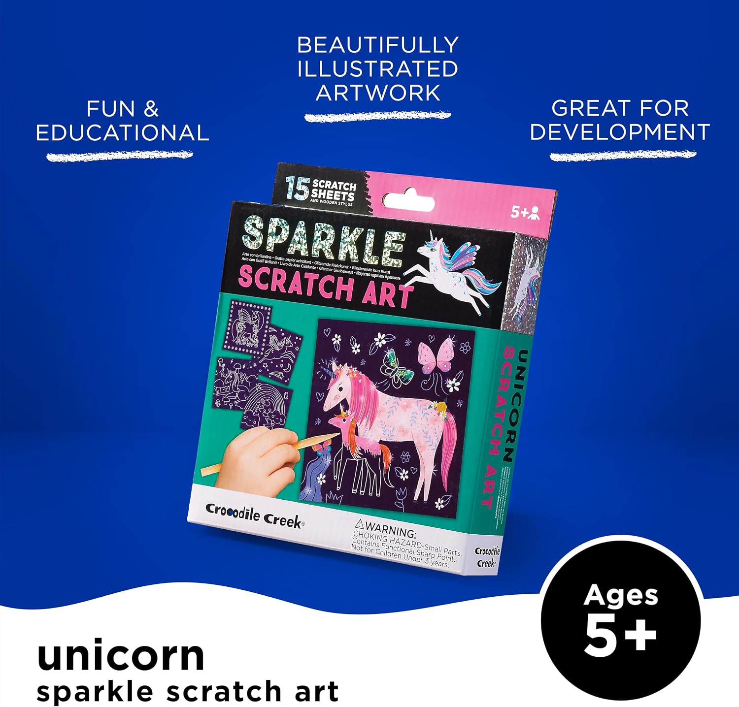 Crocodile Creek Unicorn Sparkle Scratch Art for Kids - 16-Sheet Scratch Art Set with 10 Themed Sheets, 5 Blank Sheets, Stencil, and Stylus - Thoughtful Stocking Stuffers, Gifts, Art Supplies for Kids