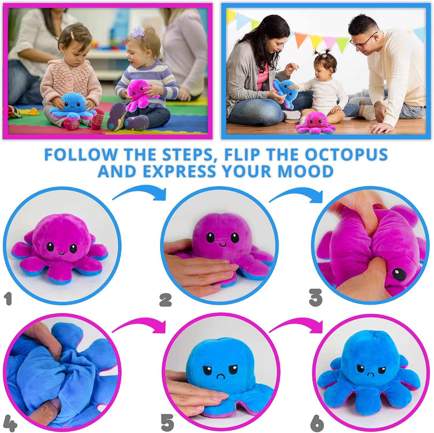 Reversible Octopus Plushie Blue & Purple Double-Sided Flip Mood Octopus Plush Cute Washable Doll Stuffed Toy with Soft Cotton, Happy Sad Emotion Octopus Toy to Show Your Mood without saying a word - Image 5