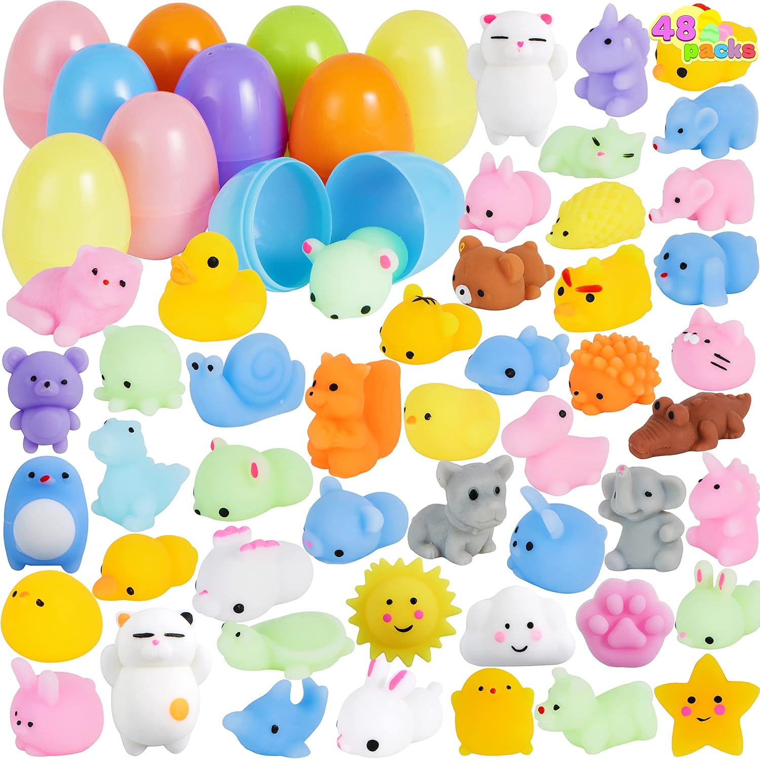 JOYIN 48 Pcs Easter Prefilled Eggs with Mochi Squishy Toys, Animal Stress Reliever Squishy Toy for Easter Egg Hunt, Kids Party Favor, Basket Stuffers, Goodie Bag Fillers, Classroom Prize Supplies - Image 8