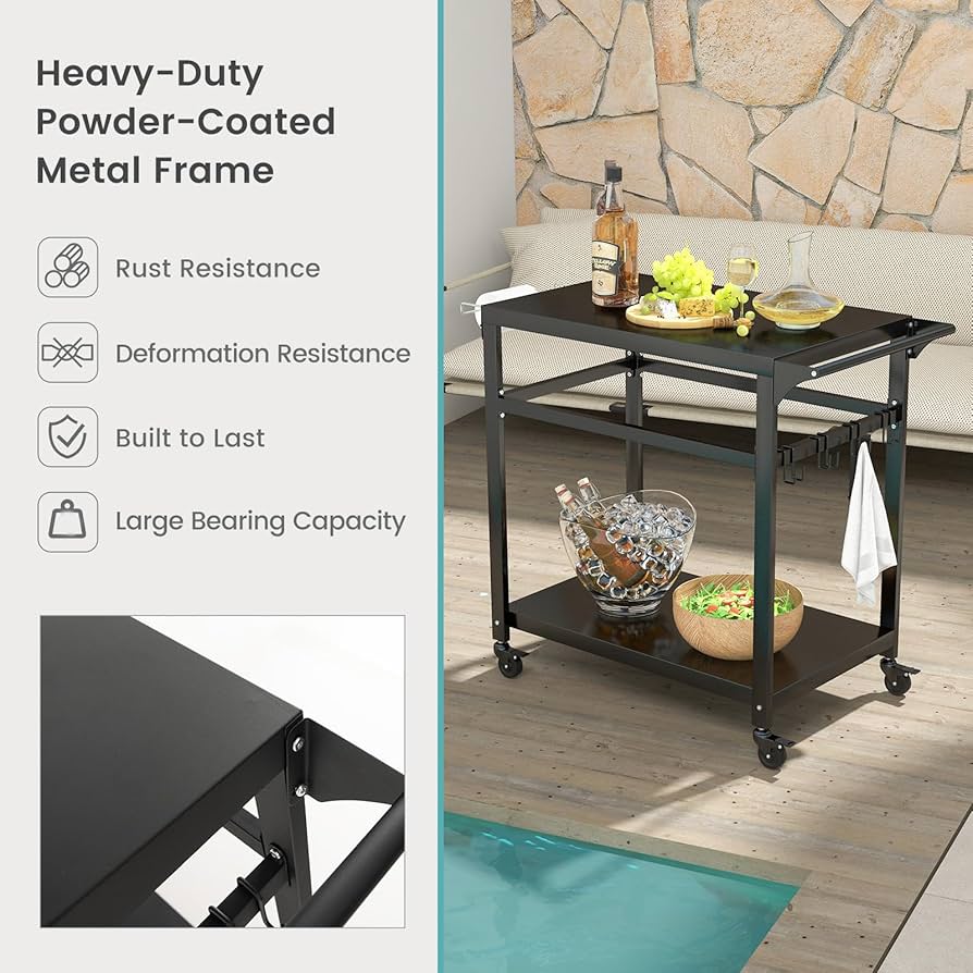 Grill Carts Outdoor With Wheels Dining Cart Table With Three Shelf, Movable Outdoor BBQ Grill Table Pizza Oven Stand With Three Hooks Kitchen Cart Island Home Outdoor Kitchen Island