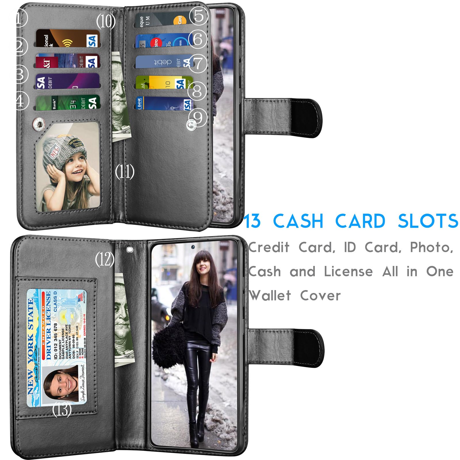 Galaxy S24 Case, Galaxy S24 Wallet Case, Tekcoo PU Leather ID Cash Credit Card Slots Holder Carrying Folio Flip Cover [Detachable Magnetic Hard Case] for Samsung S24 5G [Black]