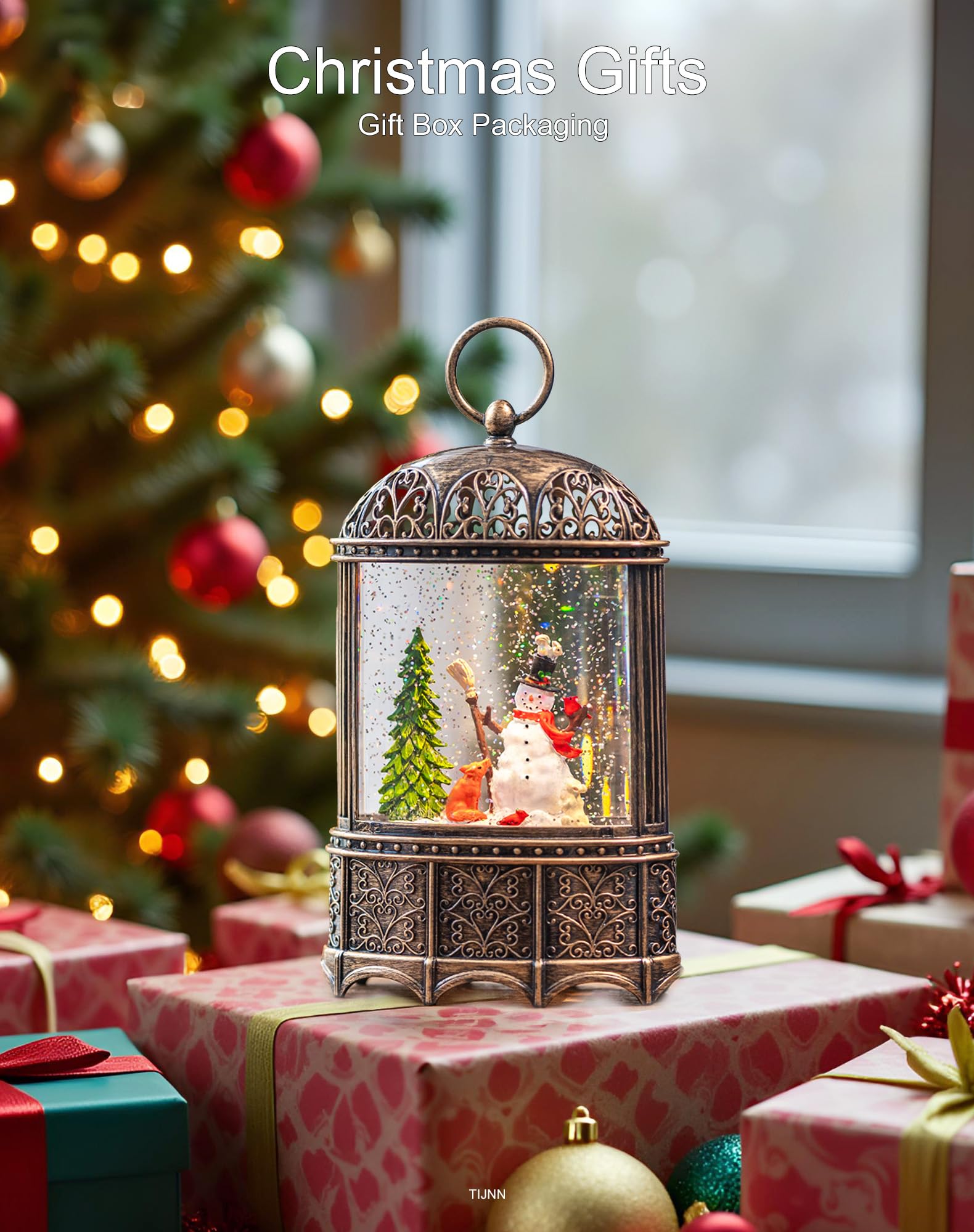 Boule à neige de Noël avec oiseaux rouges, boîte à musique, décoration intérieure, minuterie/chargement USB (30,5 cm, lanterne bonhomme de neige)
