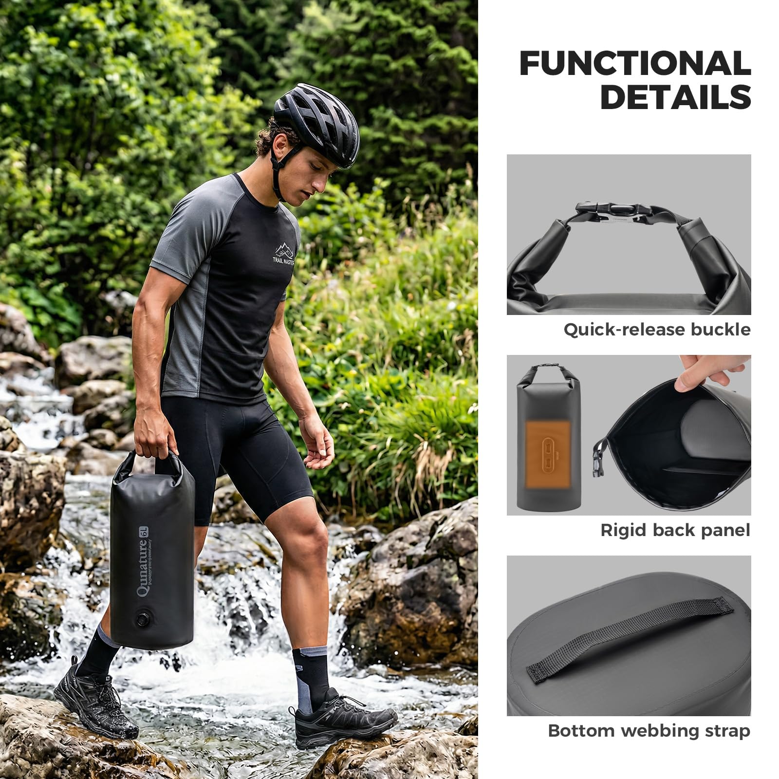 Sac étanche avec fermeture par enroulement - Sac de compression imperméable - 6 L - Léger et durable - Avec support magnétique - Pour vélo, randonnée, kayak, pêche, natation - Noir