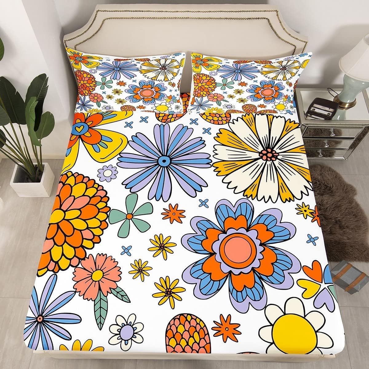Flowers Small Double Fitted Sheet, 3D Colorful Flowers Fitted Sheet Double Bed - Deep Pocket 12 inch (30 cm) - Soft Microfibre Fabric - Shrinkage and Fade Resistant Bedding - Bottom Sheet I515