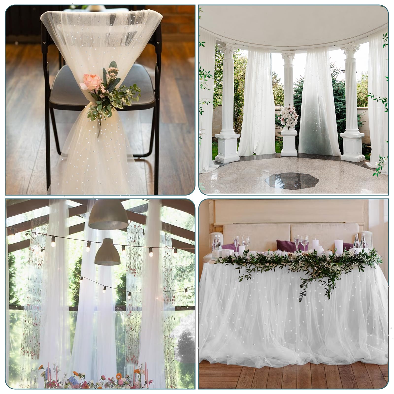 Confezione da 6 runner da tavola in tulle bianco perlato da 3 m, runner da tavola in stile bohémien, rustico, tovaglia per formaggio, romantico, per matrimoni, matrimoni, baby shower, feste di