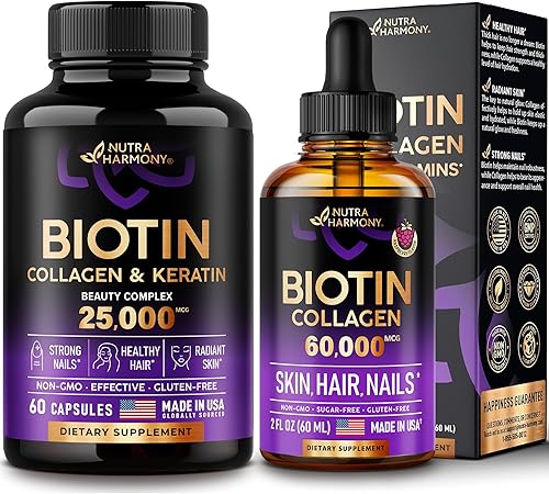 Gotas de biotina y colágeno y cápsulas de biotina - Suplemento para el crecimiento del cabello para mujeres y hombres - Uñas fuertes y piel