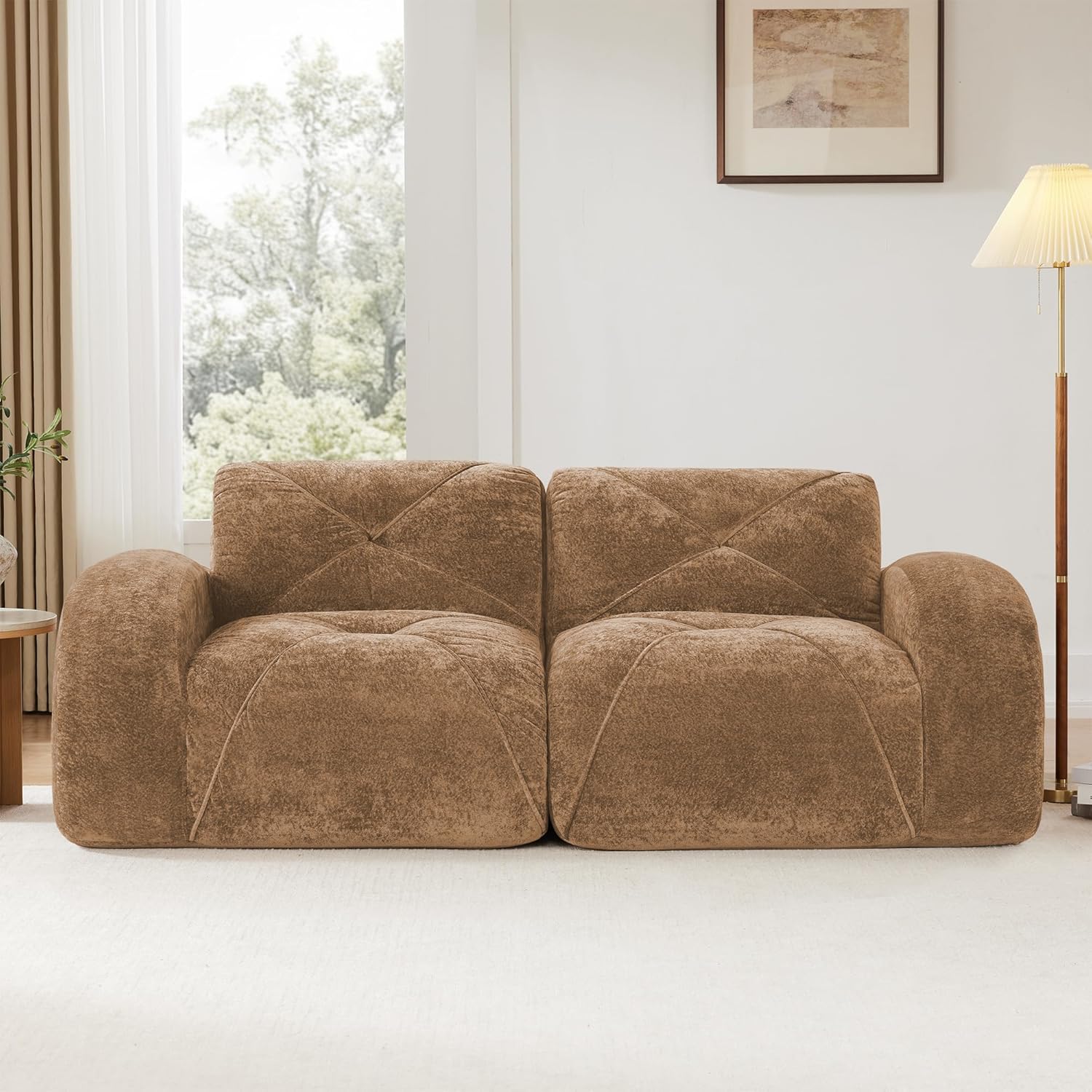 KEIKI 80" Velvet Modular Sectional Loveseat Sofa with High-Density Foam Cushion & 2 Pillow, Upholstered Oversized Compressed Boneless 2-Seater Couch, No Assembly Required, for Living Room, Camel