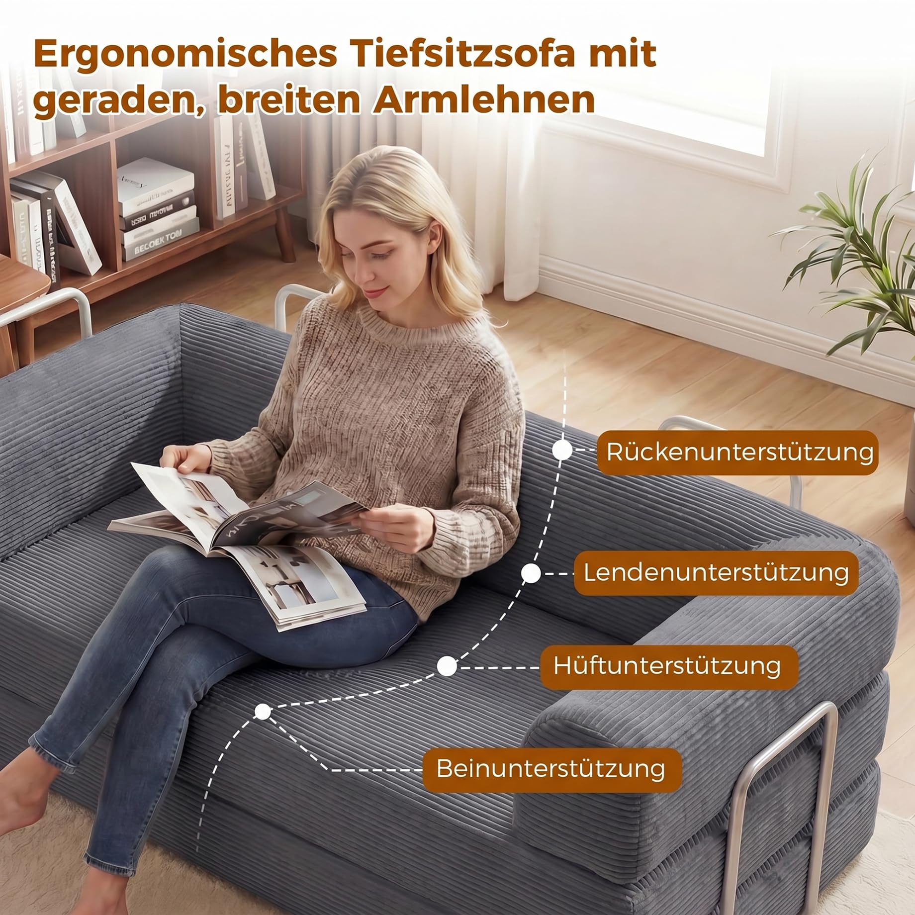 GRAVFORCE Schlafsofa – faltbares Bodensofa Bed mit Metallrahmen - Schlafsofa Klappbar 158cm breit - Compressed Sofa ohne Beine modulares Sofa Cord für Wohnzimmer Schlafzimmer Grau