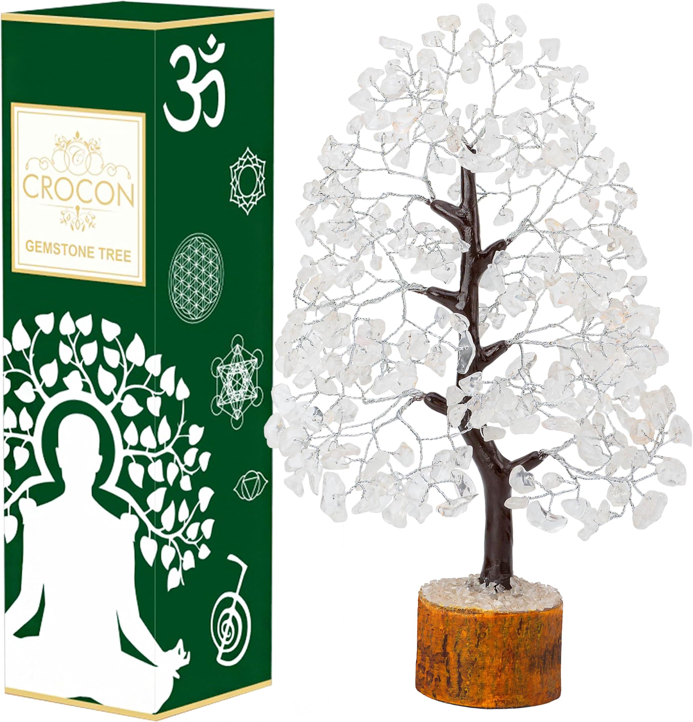 Crocon Clear Quartz Gemstone Money Tree Feng Shui Bonsai Reiki Crystal Healing Chakra Balancing Decoration Ornament Figurine Spiritual Enhancement Good Luck Prosperity Gift Decor Size 10-12"