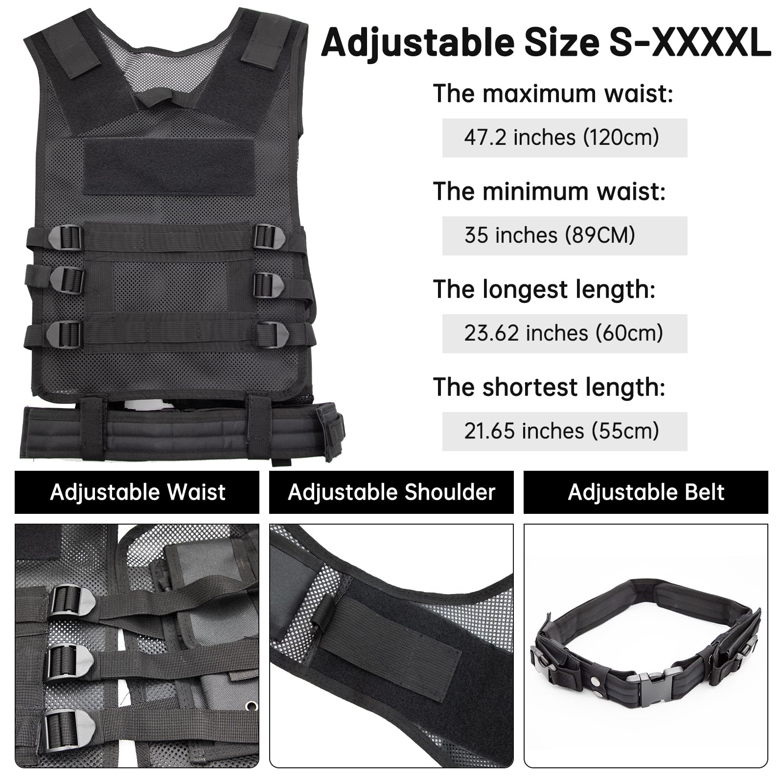 Oushome Tactical Vest, Lightweight Adjustable Airsoft Vest with Detachable Belt & Holster, Tactical Vest for Men for Adults CS/Hunting/Training/Cosplay