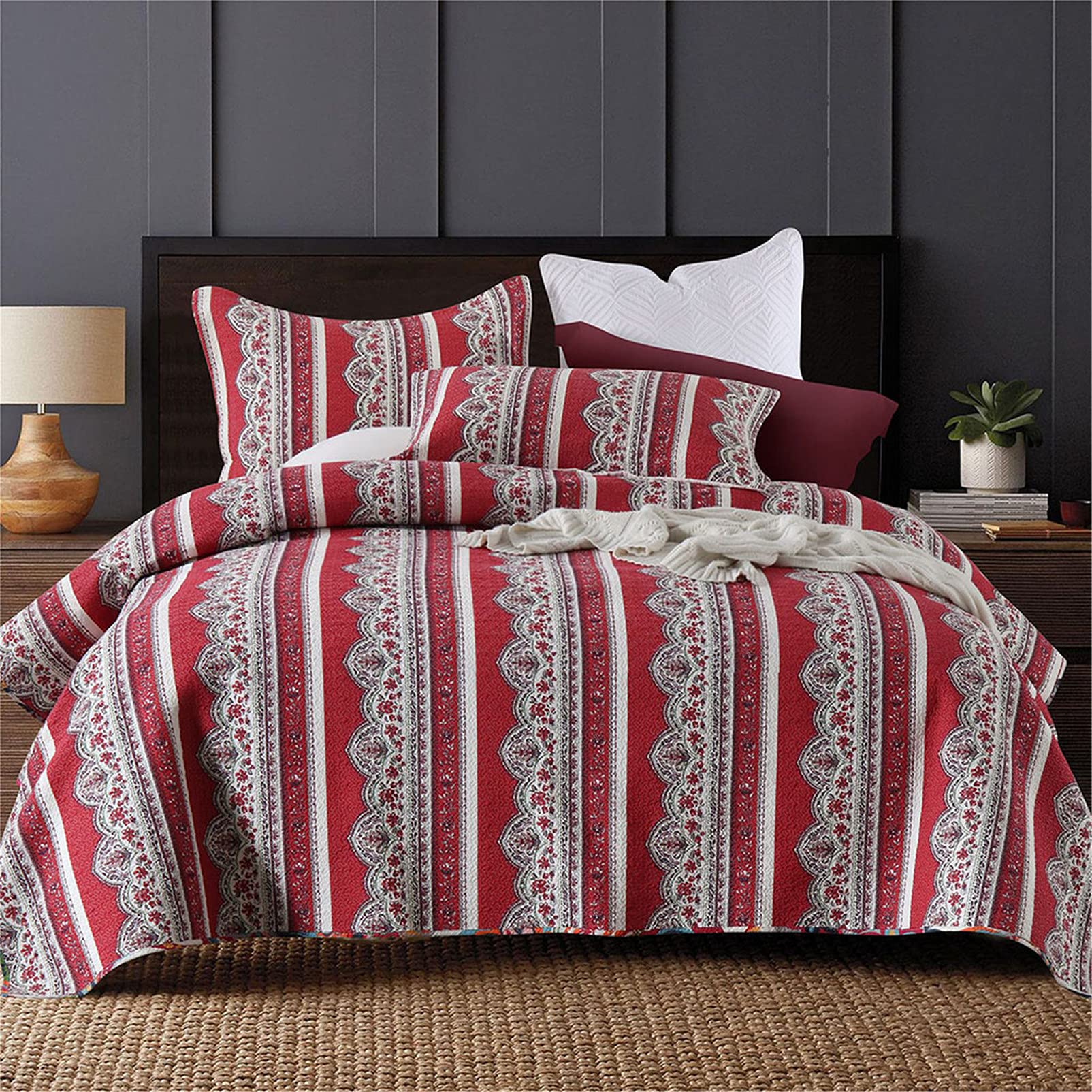 Parure de lit courtepointe rouge King size 230x250 coton réversible