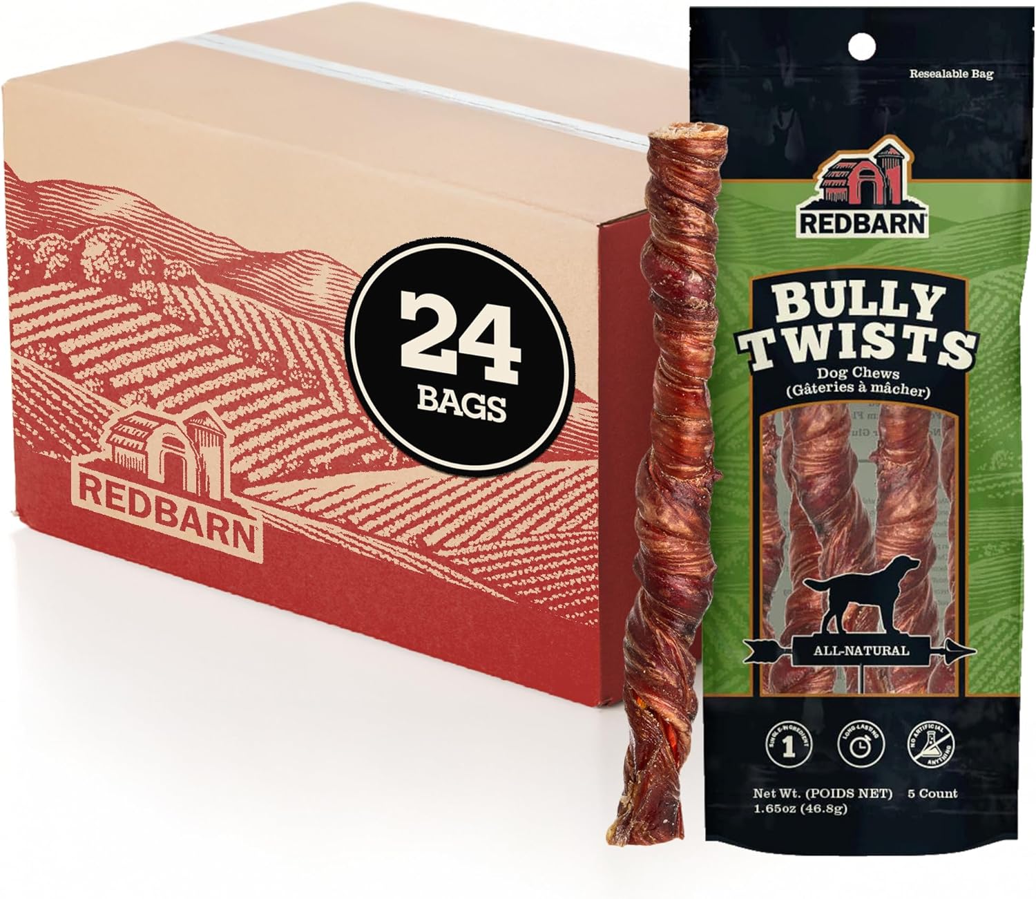 Redbarn Pet Products Bully Twists Twisted Pizzle 5-Count, Pack of 24