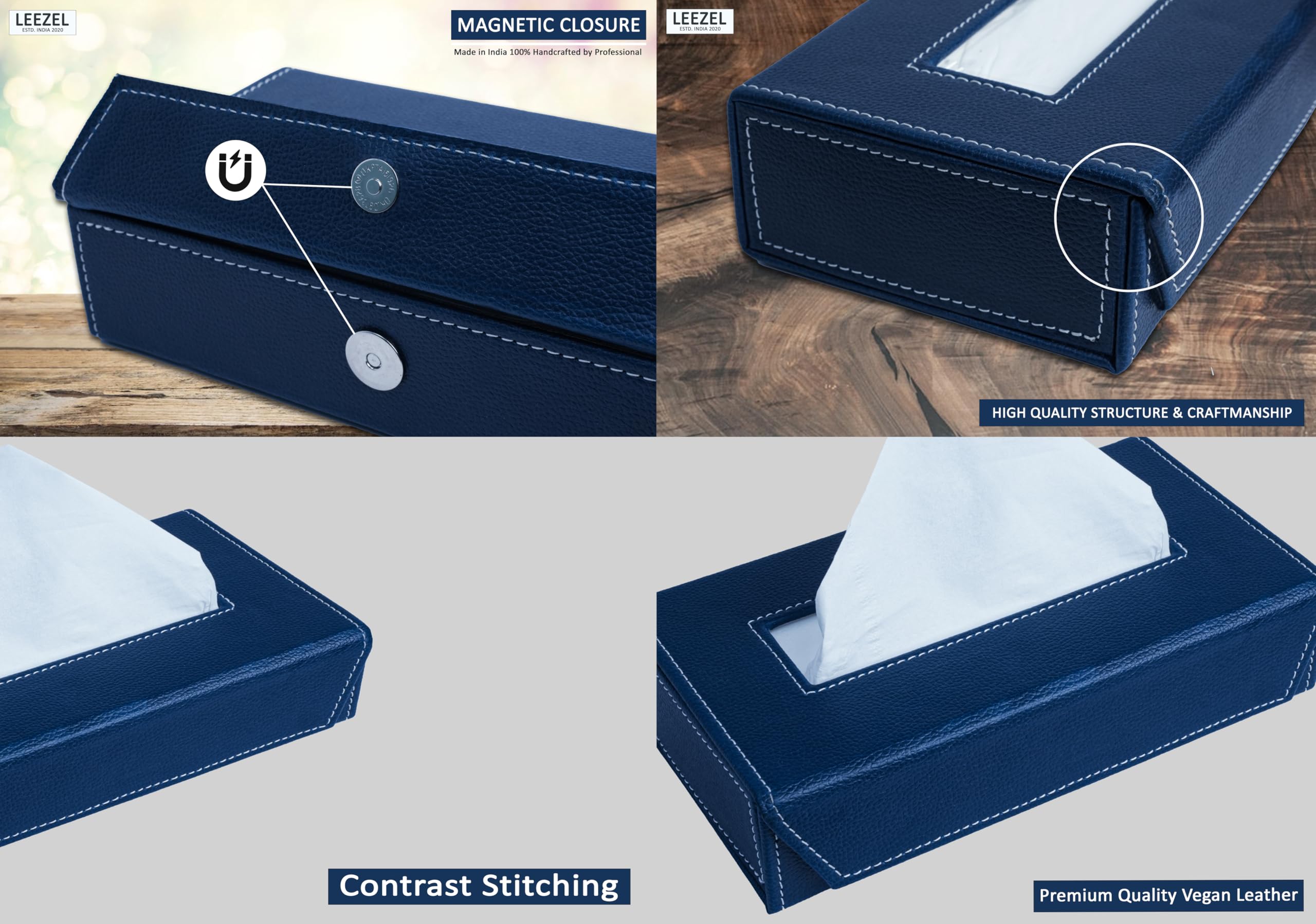 LEEZEL| Tissue Box Holder with 100 Pulls Cotton Rags Tissue | Handcrafted Fine Leather - Like Finish | for Gifting, Office Desks, Cars & Home Décor | Durable & Water Resistant. (Blue) - Image 4 thumbnail