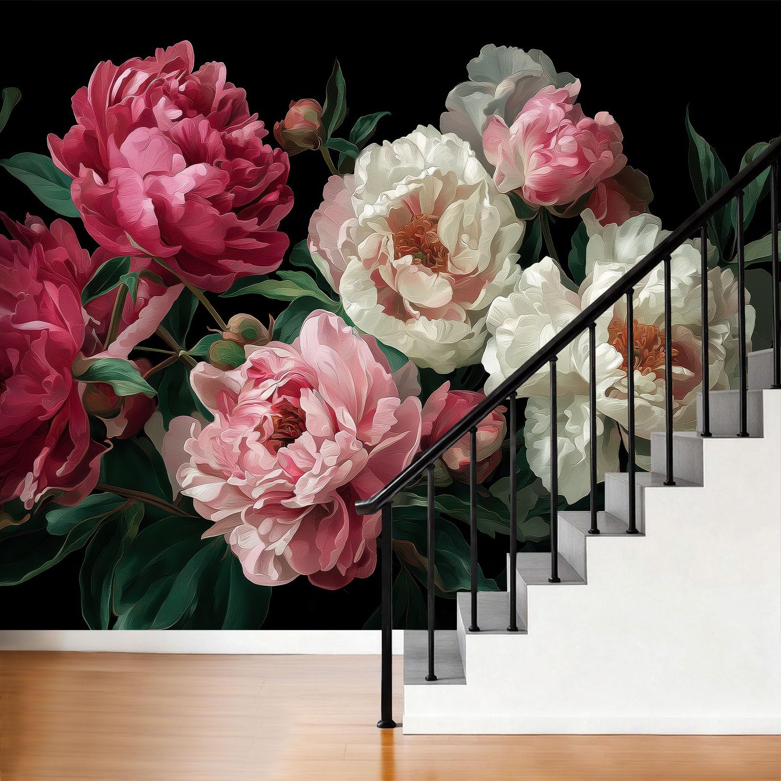 Générique 500 x 280 cm Tapeta z nadrukiem 3D akwarelowa piwonia nowoczesny gobelin ścienny z włókniny, dekoracja ścienna, ekologiczna, do salonu sypialni, czarna