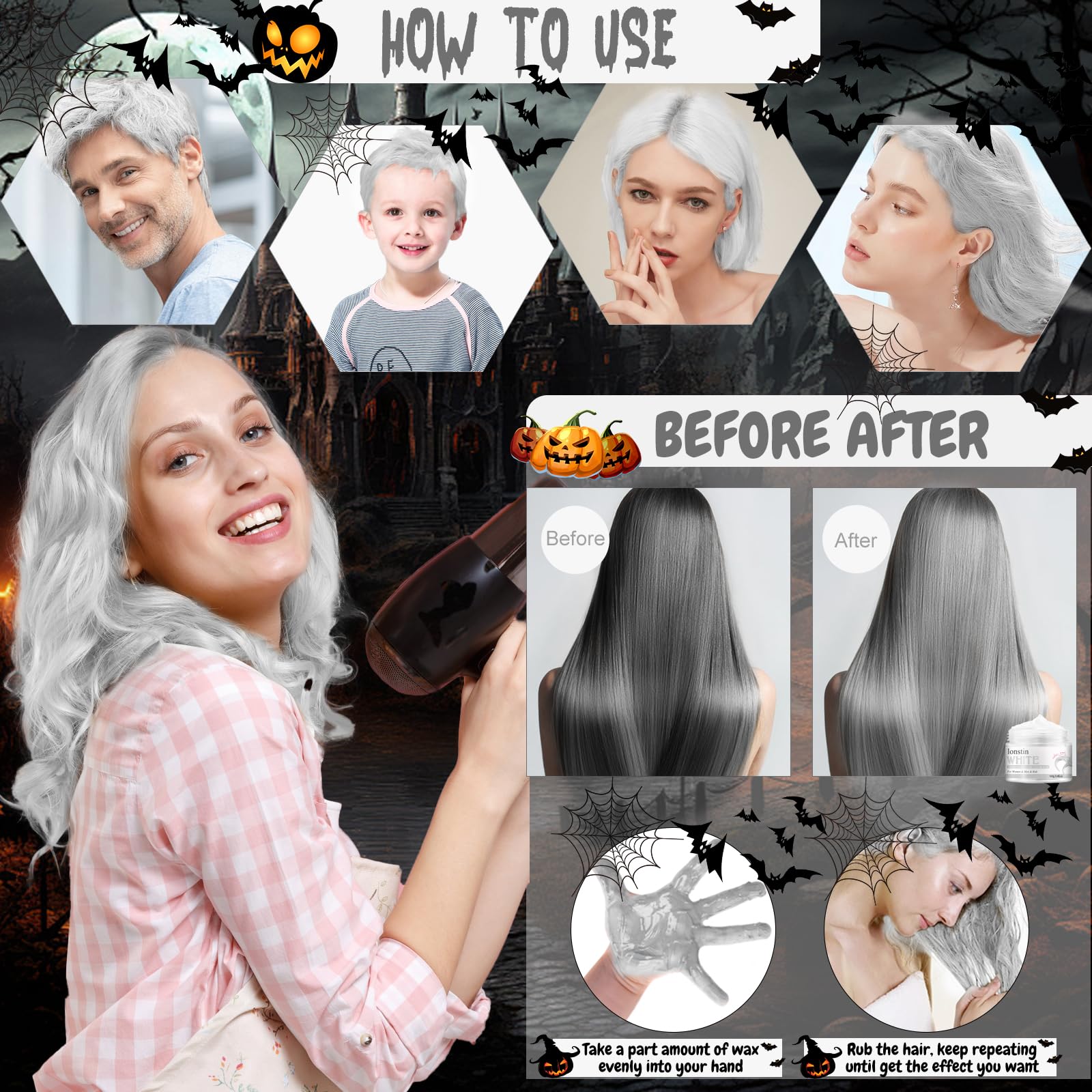 Tymczasowy kolor włosów zmywalny, Tymczasowy wosk do włosów Wosk Naturalny fryzura Pomada Dla mężczyzn Kobiety Party Cosplay Halloween Boże Narodzenie (białe)
