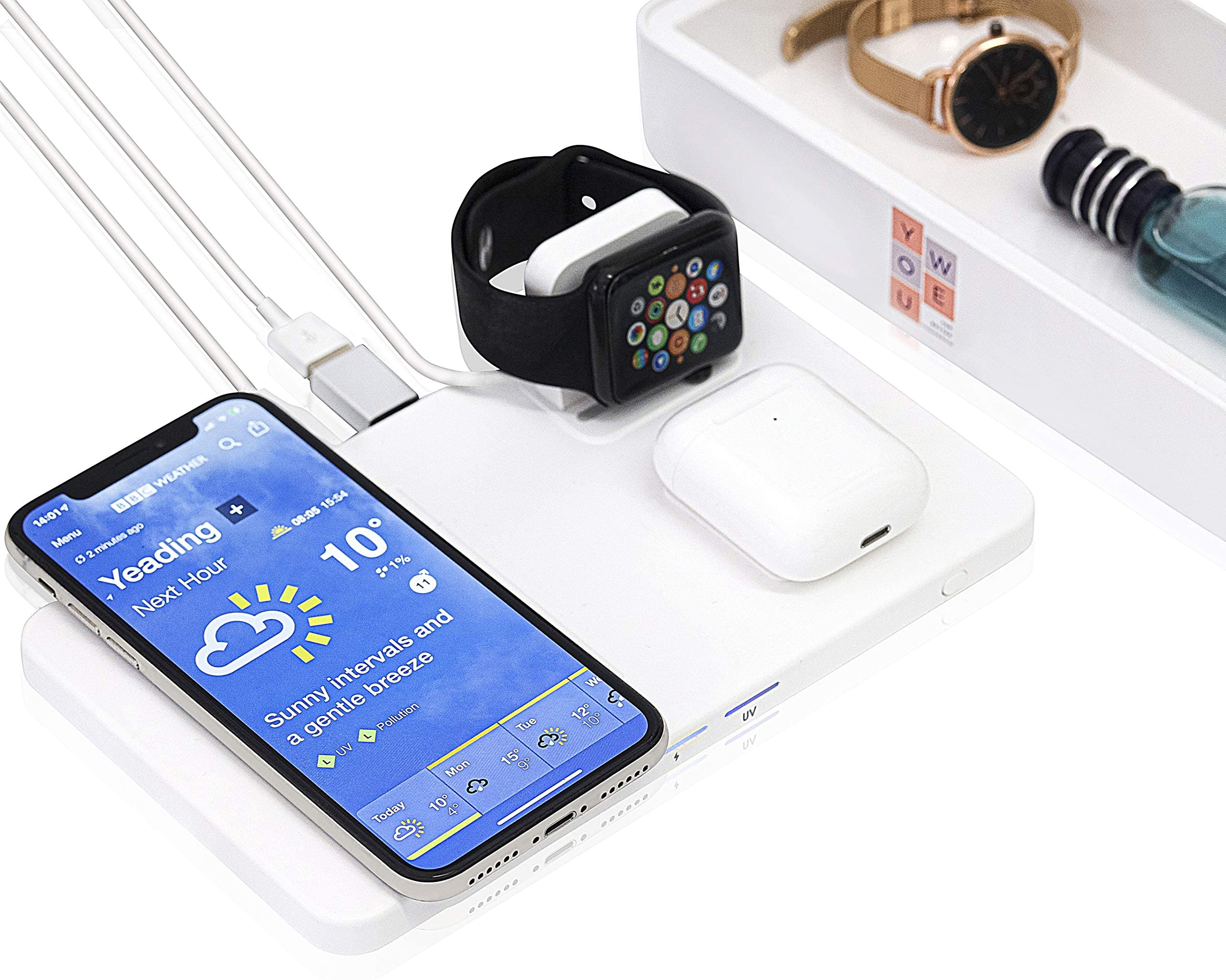 YouWe - Caricabatterie wireless 3 in 1 da 15 W, con sterilizzazione UV, compatibile con iPhone, telefoni Android e AirPods abilitati Qi