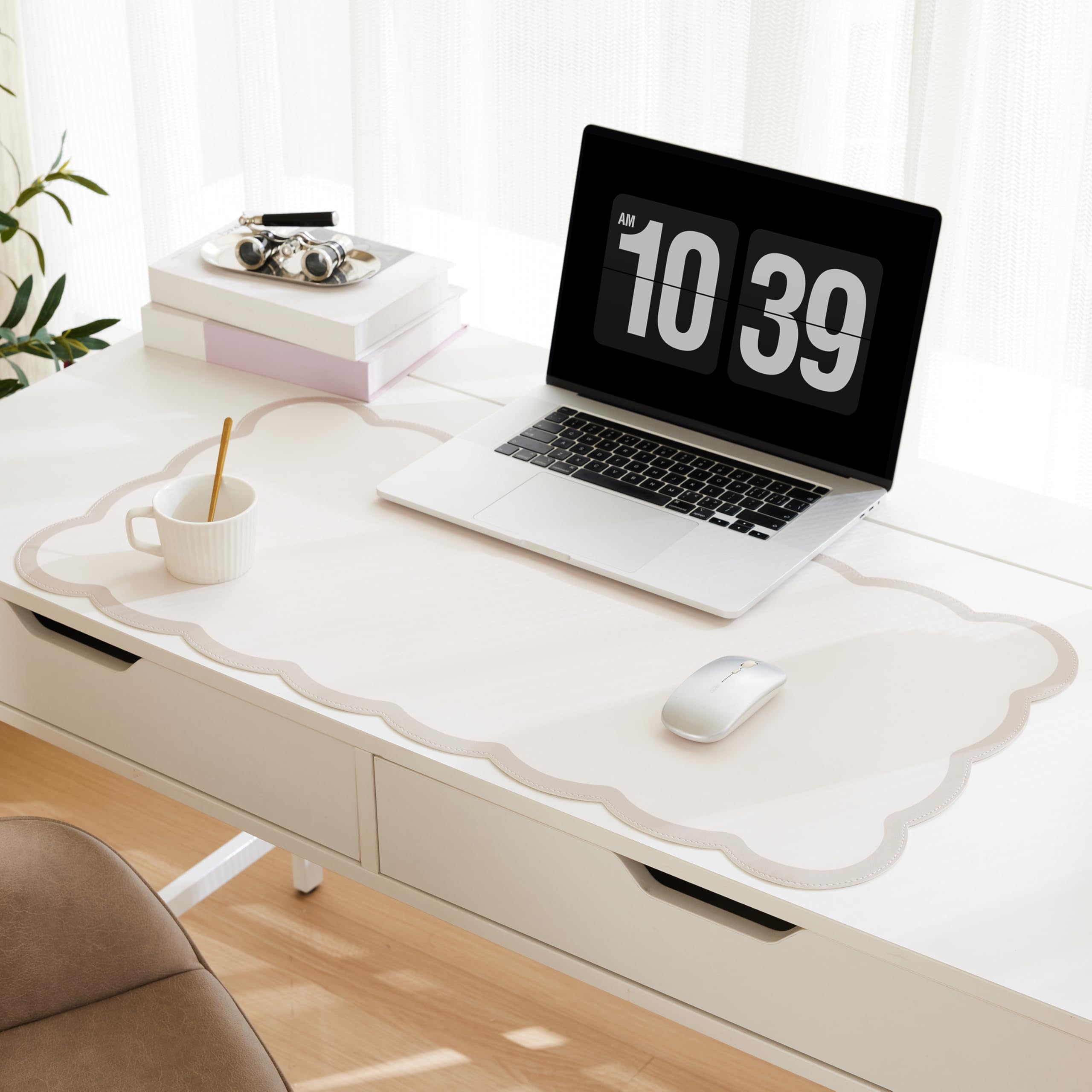 Ohocut Scalloped Desk Mat 31 5 x 15 7 Large Cute Beige Khaki Aesthetic Desk Accessories PU Leather