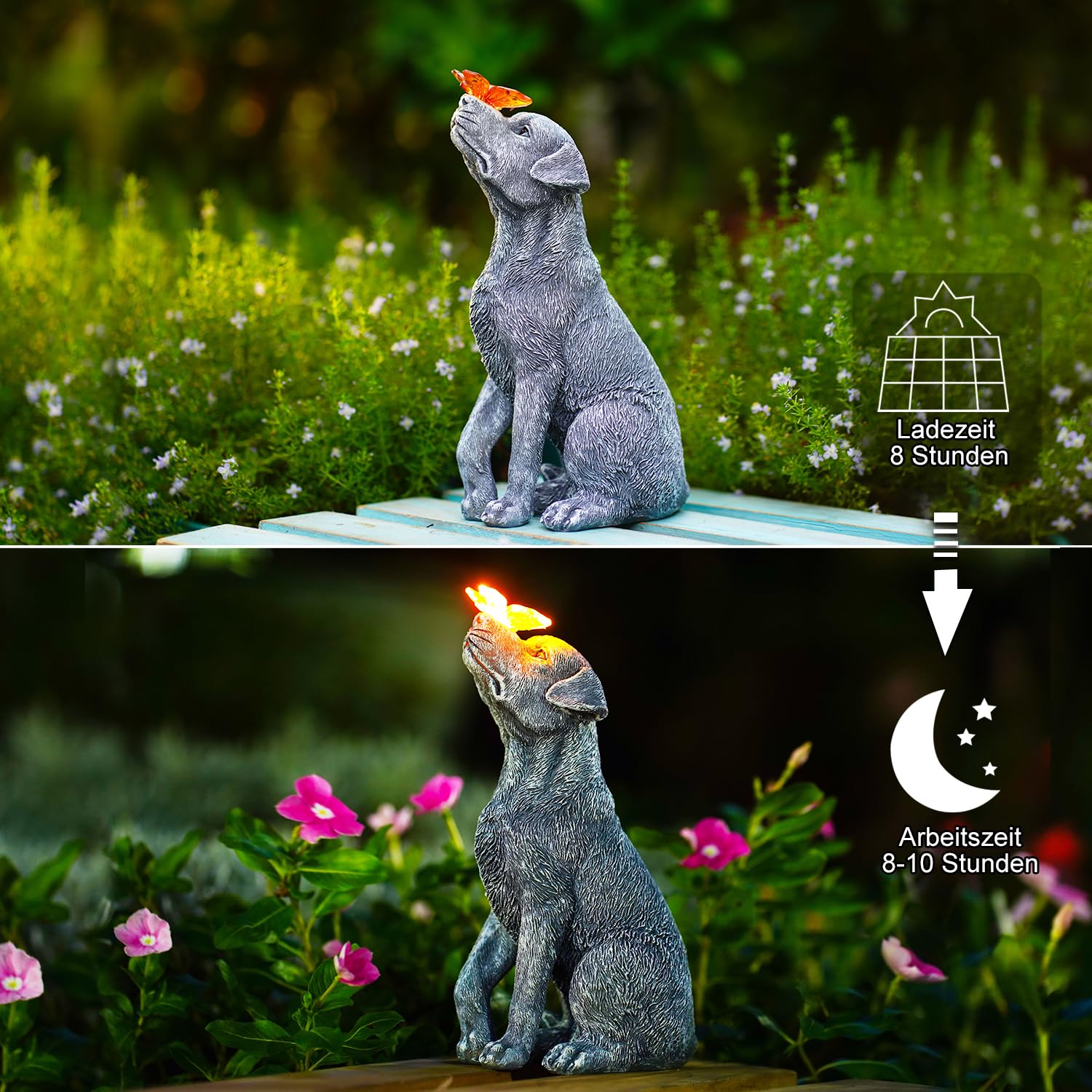 Yeomoo Ornamenti da Giardino per Cani con Farfalla Solare - Regali Unici per Donne, Mamme, Uomini - Decorazione per Cani da Esterno per Patio, Cortile, Prato, Balcone, Scultura in Resina Impermeabile