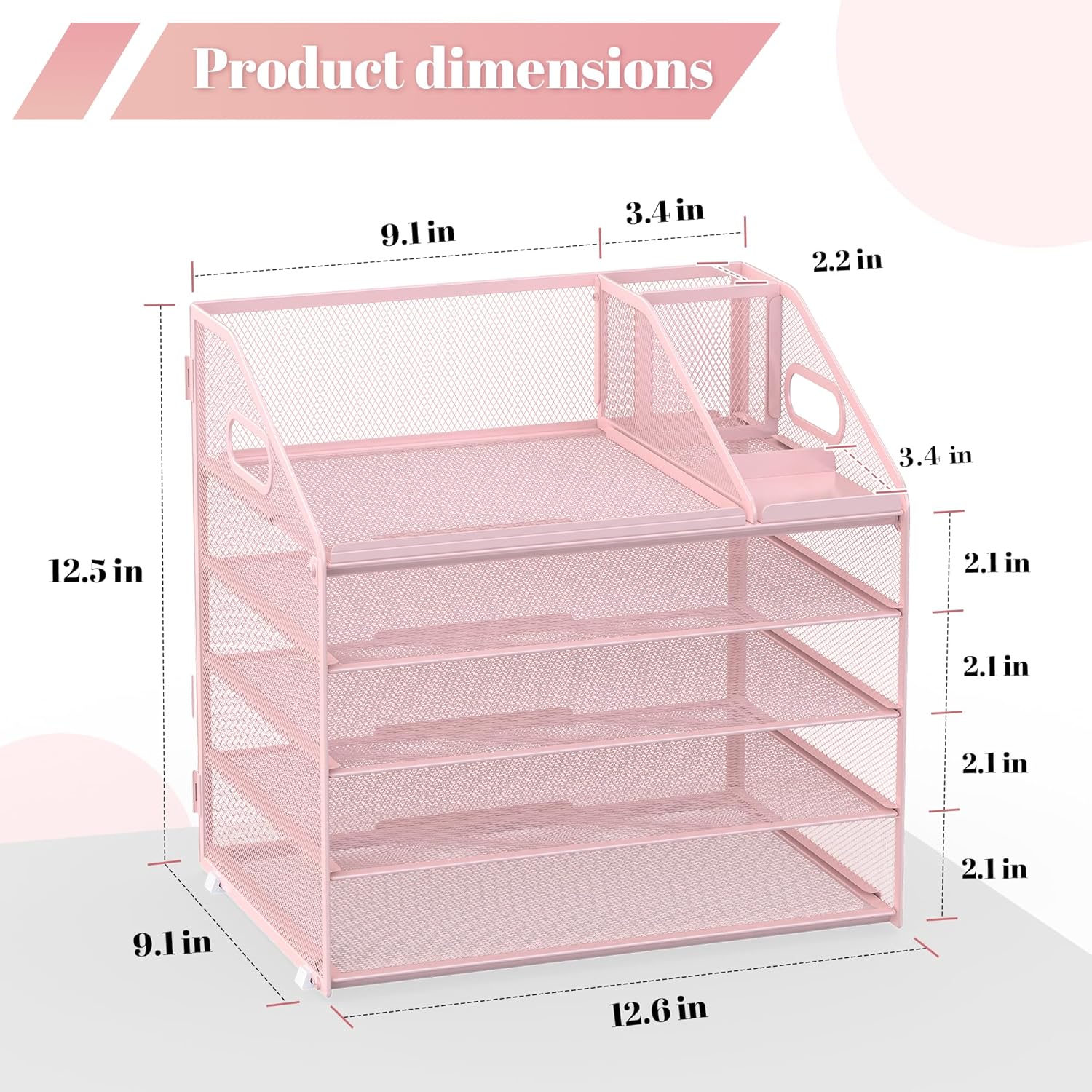 Letter Tray Paper, 5 Tier Desk Organizer with Pen Holder and Handle, Mesh File Organizer Paper Sorter Metal Desktop Document Shelf for Office Home Classroom - Pink