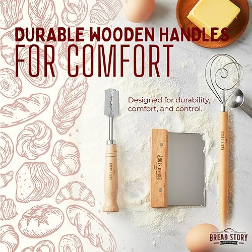 Miniatura 7 de Juego de batidor de masa danés, raspador de madera y herramienta de puntuación coja | Batidor de masa madre y kit de herramientas de mezcla |