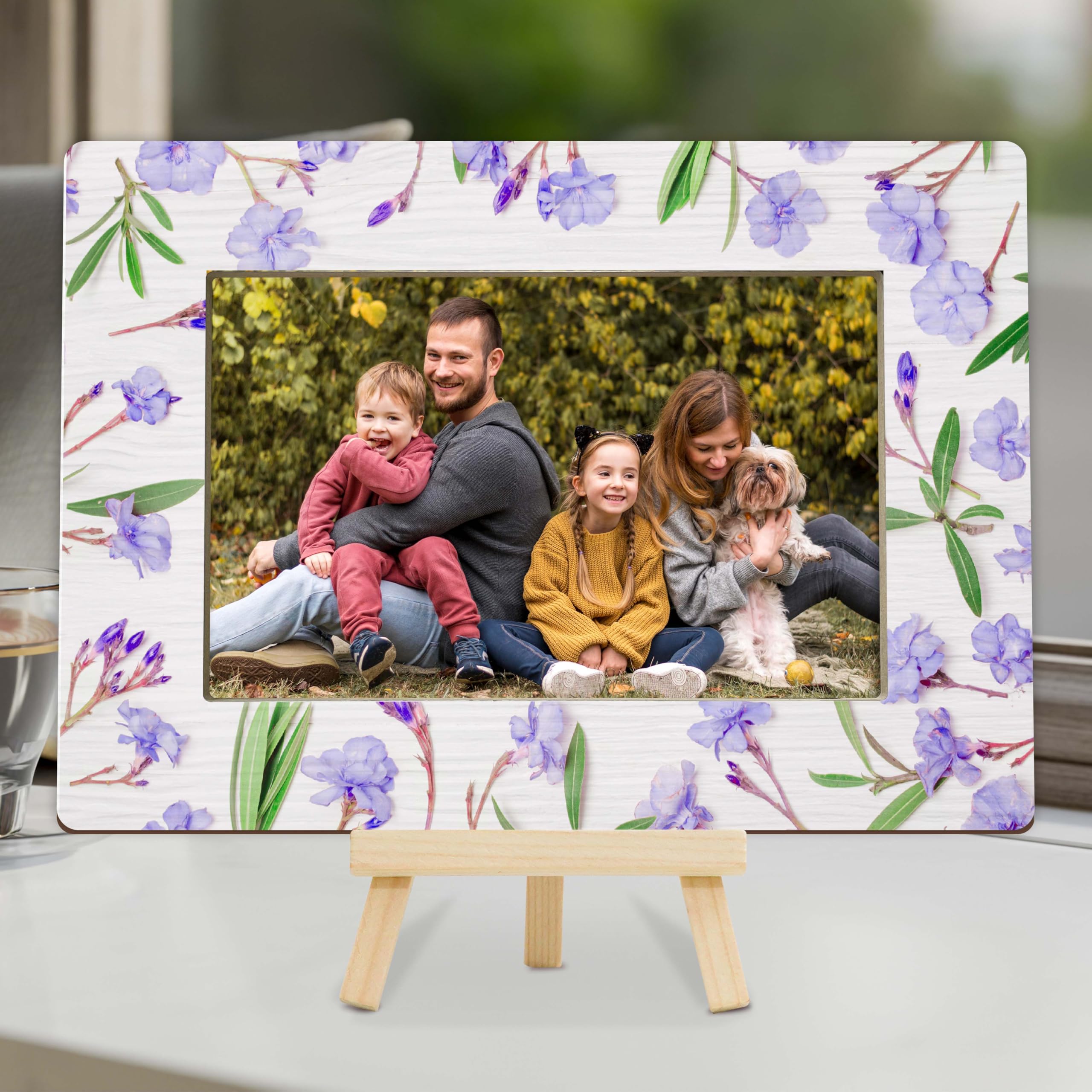 Cazhes Picture Frames 4x6, Purple Floral Wooden Photo Frame with Easel, Birthday Gifts for Flower Lovers Mom Friends Bedroom Desk Tabletop Decor (B07)