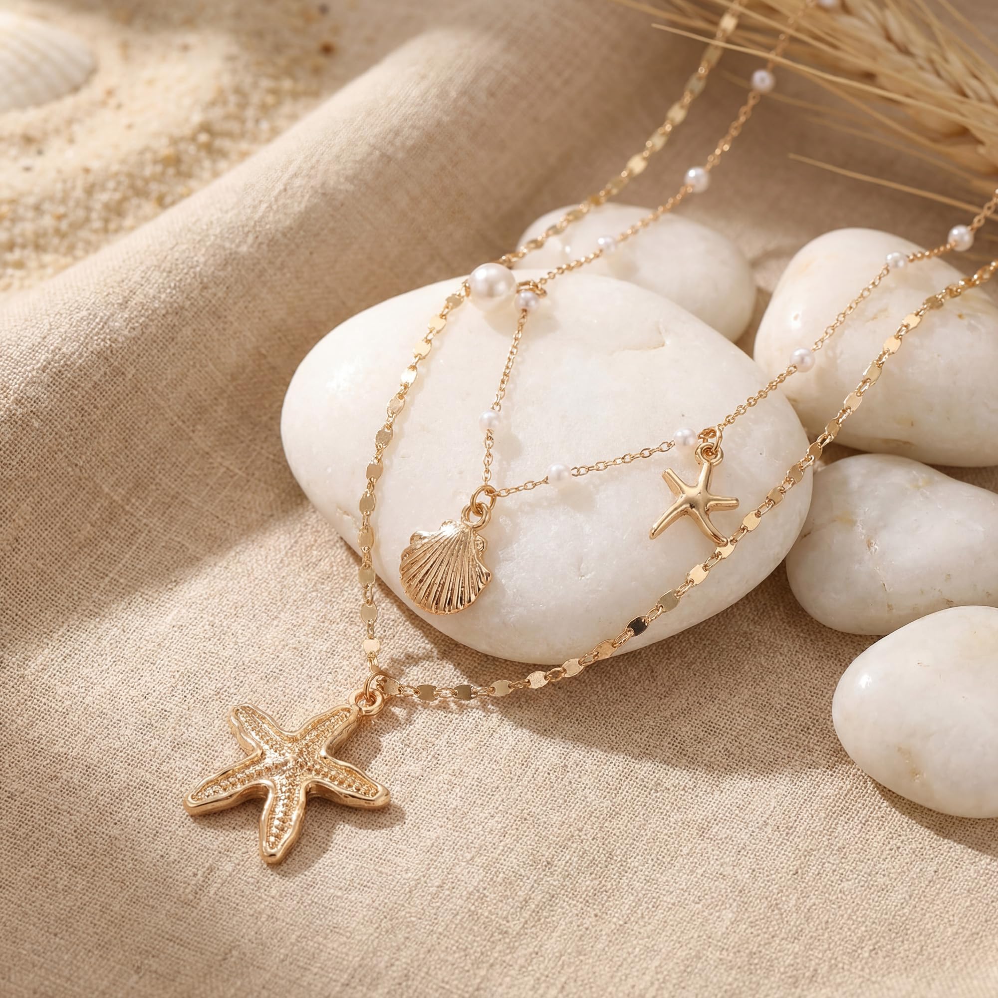 Shell Starfish Necklace for Women, Gold Plated Boho Layered Pendant Necklace with Pearl Conch Charm, Dainty Coastal Summer Beach Vacation Jewelry Gifts — view 5