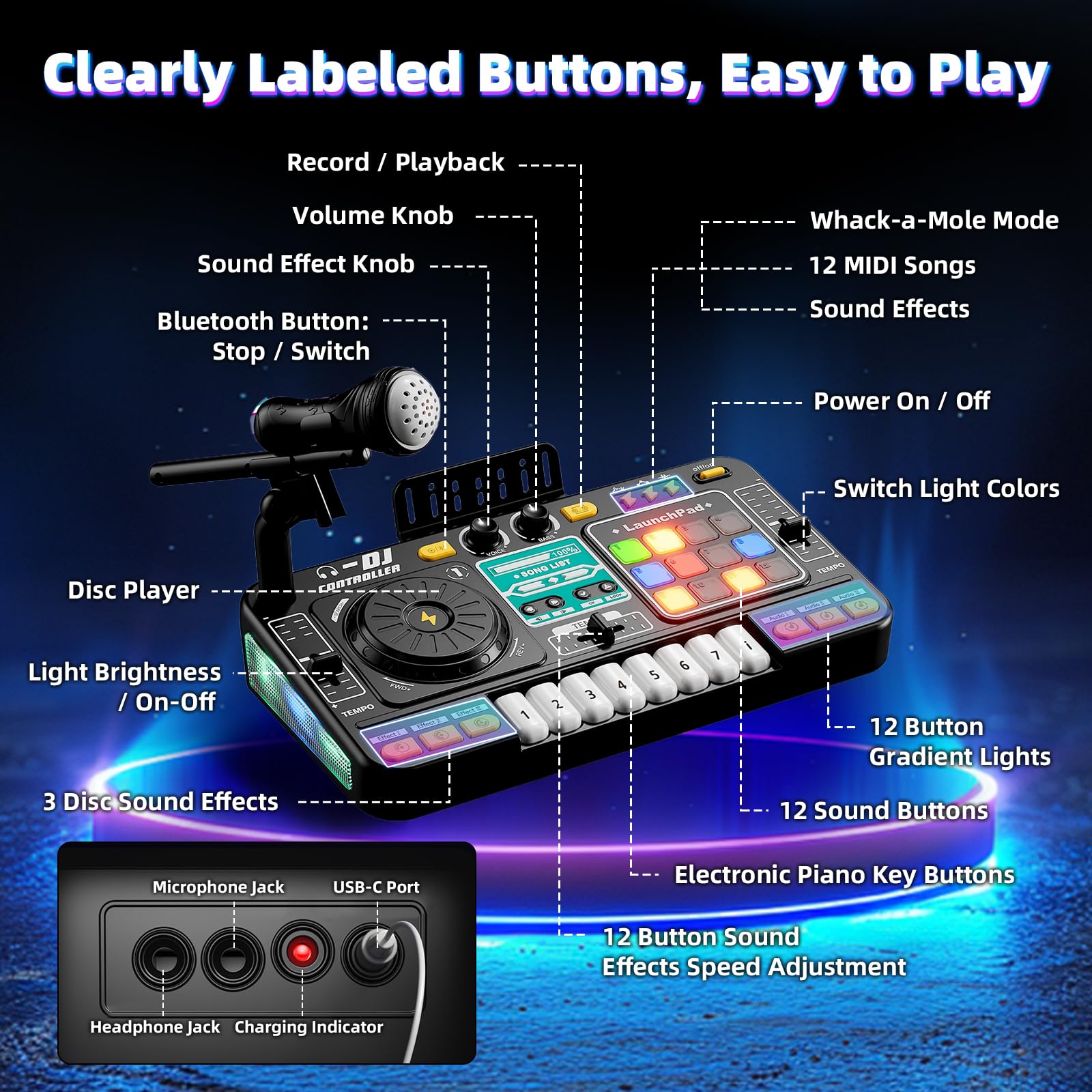 Platine DJ Enfant, Table Mixage Enfant, Table de Mixage DJ Set Jeu, avec Bluetooth, Microphone, Jeux Lumineux, Chargement USB, Convient pour 3 à 10 ans, Jouet pour Fêtes Familiales et Divertissement
