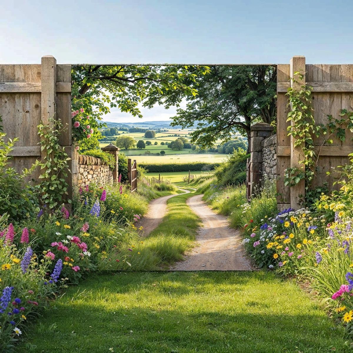 Sabrikas Let Your Creative Spirit Run Free Pink Country Lane Garden Mural Curtain Stone Gate Countryside Wall Art, Outdoor Fence Panel, Decorative Tapestry, Rural Home Decor, Landscape Pathway Design, Floral Backdrop, Scenic Garden Wall Hanging