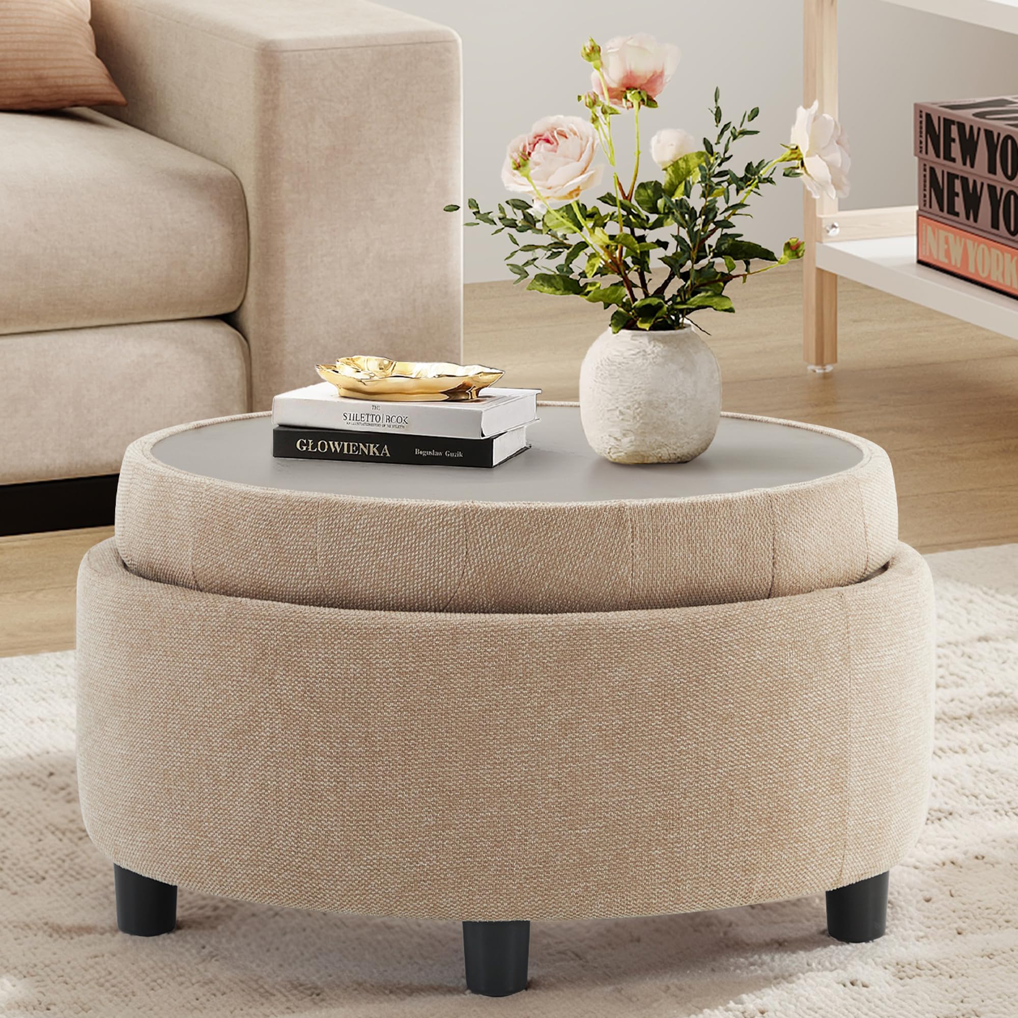 COLAMY Fabric Round Storage Ottoman with Reversible Tray Lid Multi-Functional Footrest Hidden Storage Sturdy Stylish Small Coffee Table