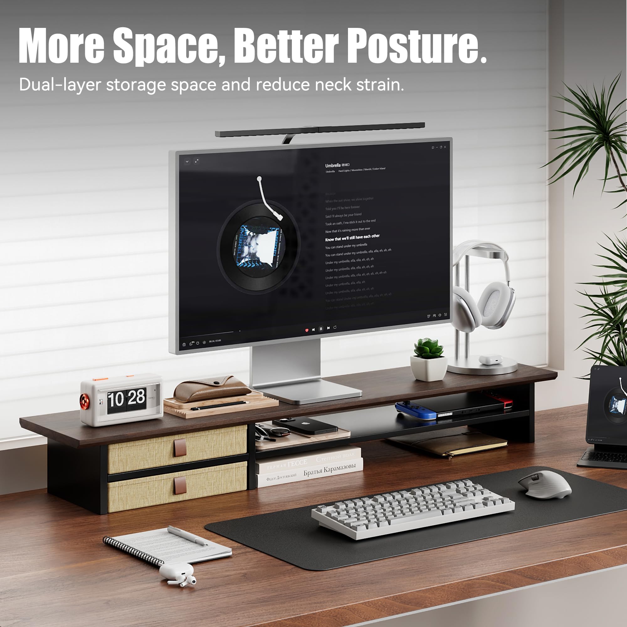 Condition photo showing Good Condition for Dual?Tier Monitor Stand Riser with Drawers, Desktop Organizer Shelf Storage for Computer Screen 2 Monitors, Supports for PC Computer Monitor, Printer, Heavy TV Riser Brown and Black