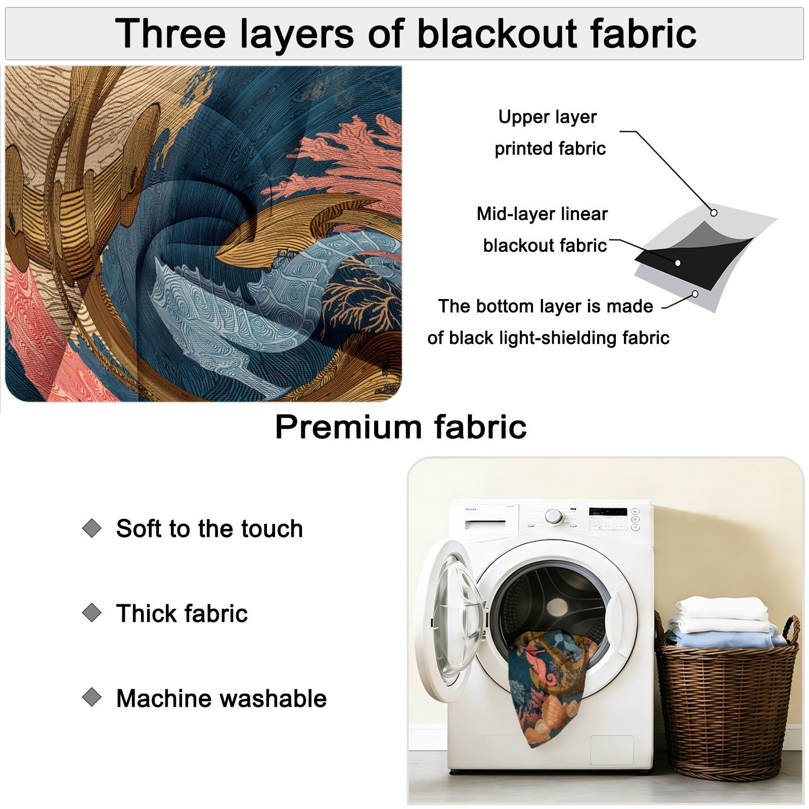 Générique Rideaux Occultant Isolant Thermique Anti Froid, Lot De 2 Rideaux 75L X 166H cm Protection UV Rideau Multicolore Rétro Marin Voile Ancre Hippocampe Coquillage pour Salon et Chambre