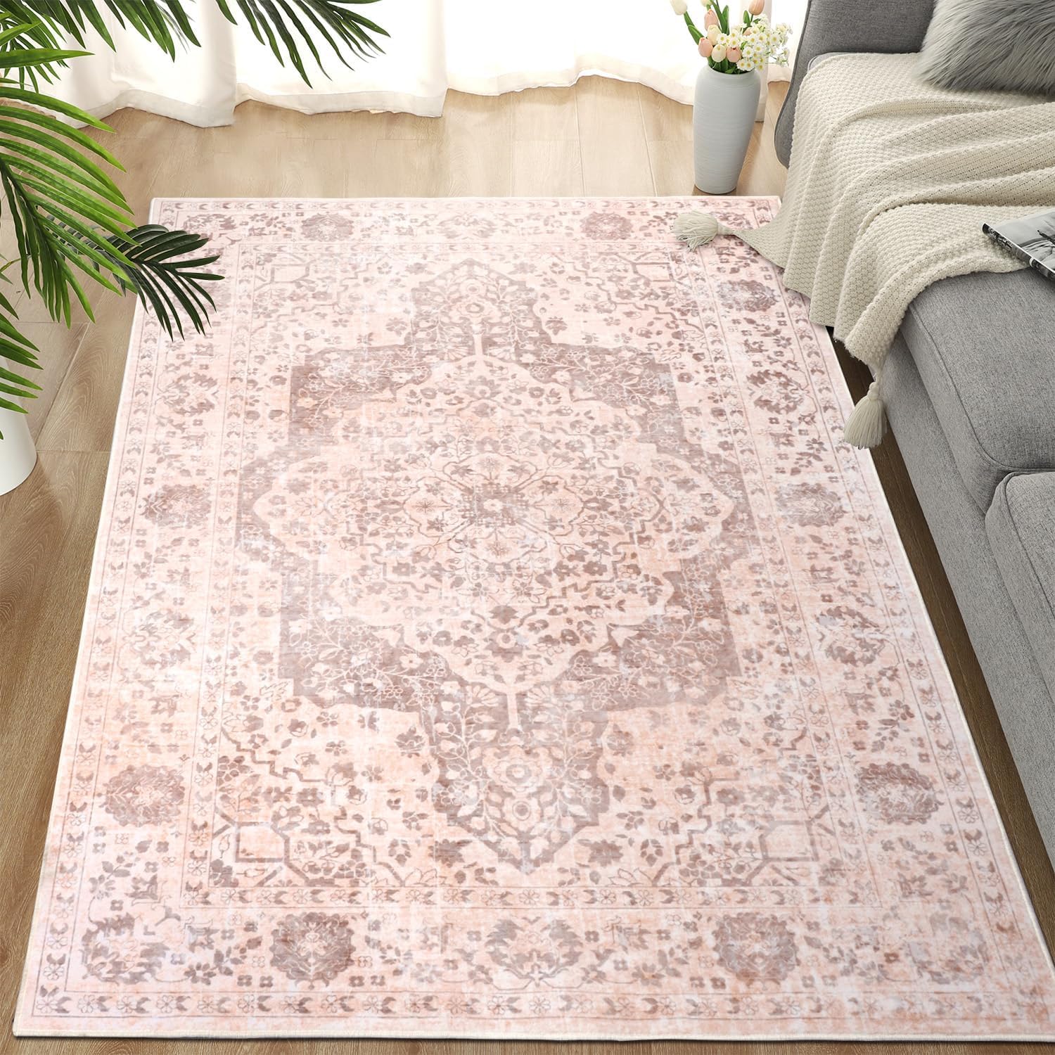 TUKDAK Vintage Teppich Wohnzimmer, Waschbarer Teppich Schlafzimmer, Boho Kurzflor Esszimmer Teppich Läufer Flur, Weich rutschfest Waschbar Kinder Teppiche für Küche Kinderzimmer