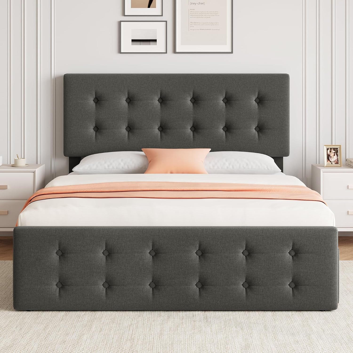 GAOMON Full Size Bed Frame with 4 Drawers and Adjustable Headboard, Linen Fabric Upholstered Platform Bed with Button Tufted Design, No Box Spring Needed, Strong Wooden Slats, Light Grey