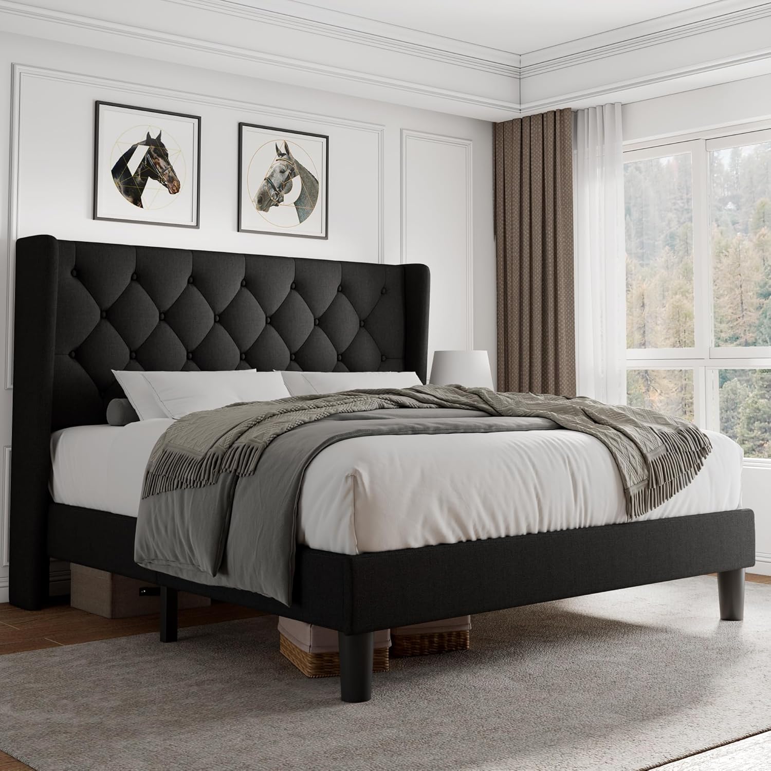 iPormis Queen Size Bed Frame with Diamond Button Tufted Wingback Headboard, Upholstered Platform Bed Frame with Strong Wood Slat Support, No Box Spring Needed,Black