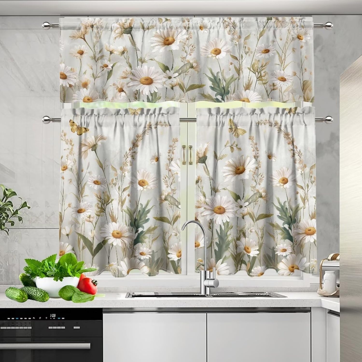 Elegant Daisy 3 Pieces Kitchen Curtains and Valances Set Rod Pocket Tier Curtains Decor for Living Room Bedroom Bathroom, Easy to Install for Kitchen Window