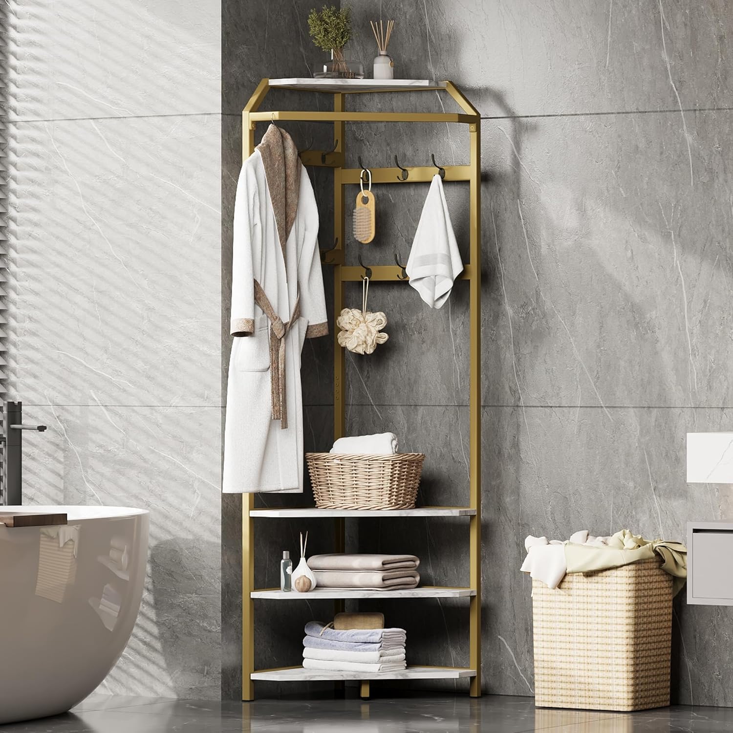 Corner ‌Hall Tree with Bench and Shoe Storage, 3-in-1 Entryway Bench with Hooks for Mudroom, Corner Wall Rack in Iron and MDF with Anti-Tipping Design, Gold