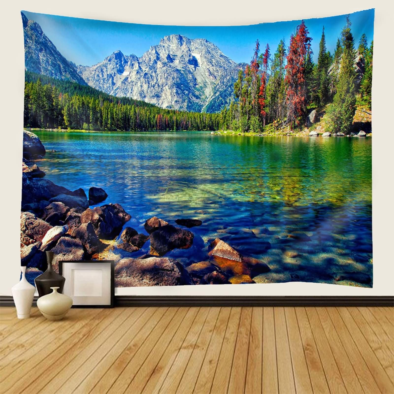 Homxi Tappeto Parete Cameretta 300 W x 256 H CM, Lago di Montagna e Paesaggio Alberato, Tappeto Parete Cameretta Poliestere, Blu Verde