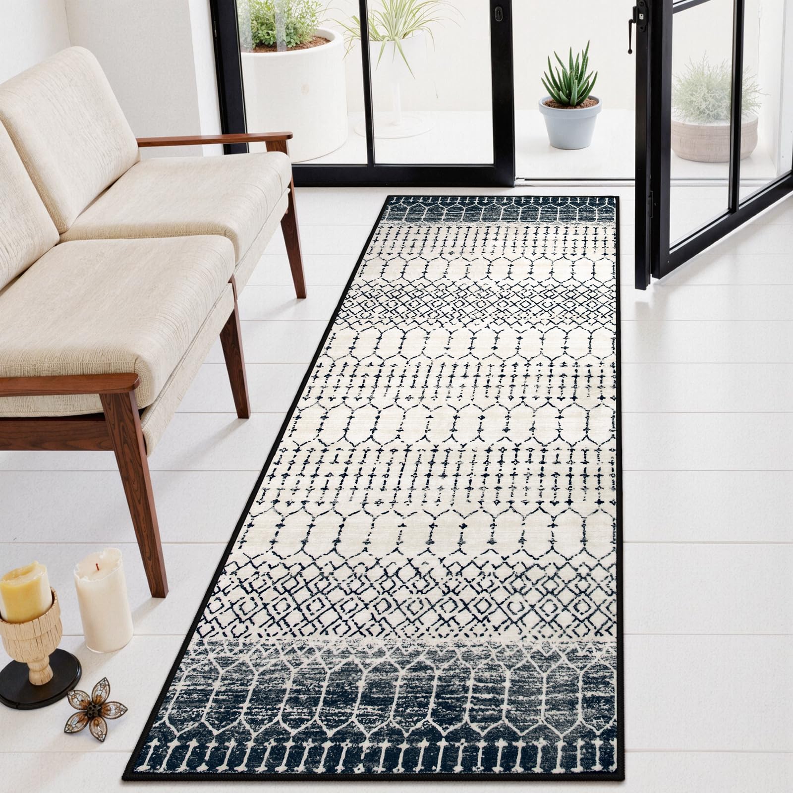 Lahome Moroccan Washable Runner Rug 2x6, Black Stain Resistant Non-Slip Kitchen Rug Runner, Ultra-Thin Geometric Print Distressed Floor Carpet for Entryway Laundry Bedroom 2' x 6' (Runner) B
