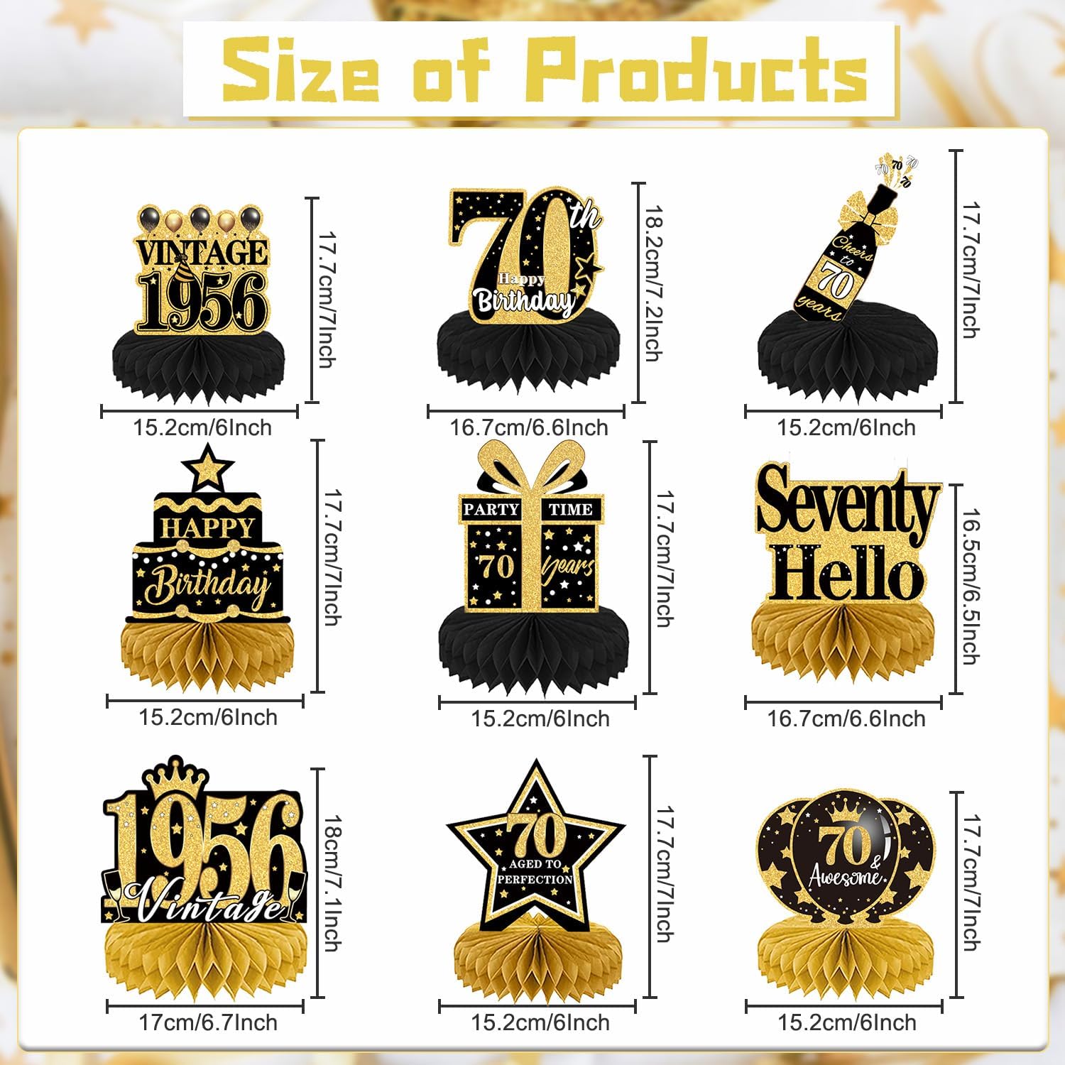 70th Birthday Decorations Men - 9PCS Vintage 70th Birthday Party Table Decorations for Women Black Gold Table Topper Honeycomb Centerpiece Supplies Seventy Year Old Birthday Party - Image 3
