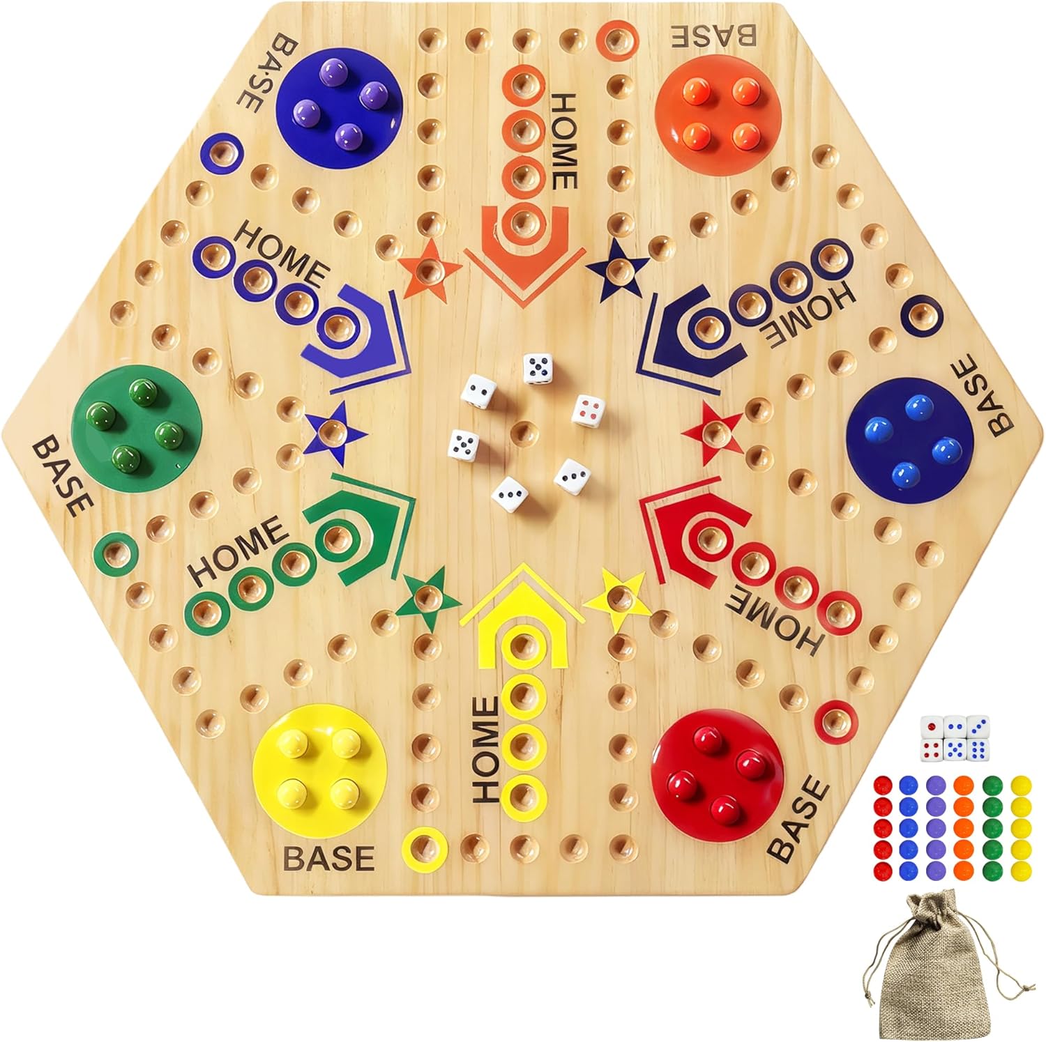 Wooden Board Game, Board Game Original Marble Game Double Sided Painted 2 to 6 Player Fast Track Wooden with 6 Colors 24 Marbles 6 Dice for Adults Kids Family(24 INCH)