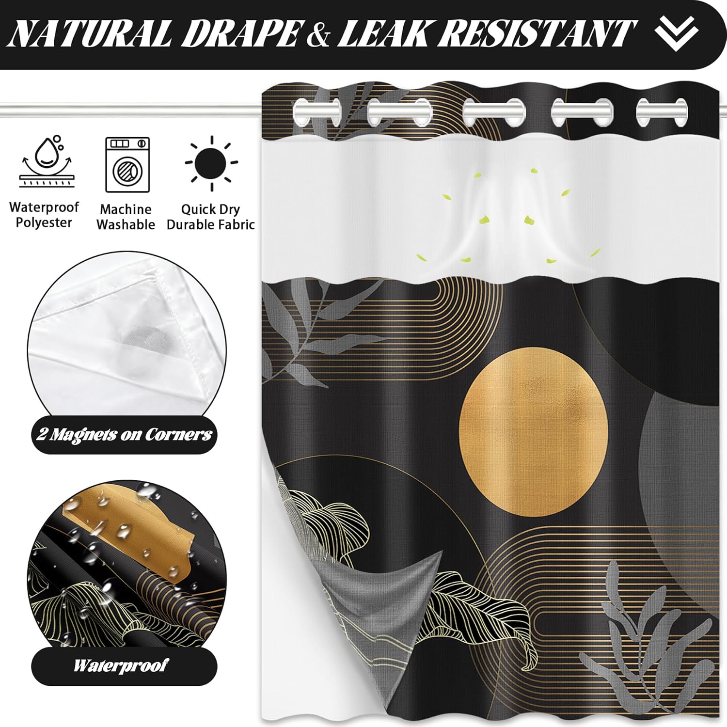 Black and Gold Hookless Shower Curtain with Snap in Liner, Modern Boho Masculine No Hook Double Layer Shower Curtain and Liner Set, Waterproof Cloth Fabric, 71" W X 74" L (Pack of 1)