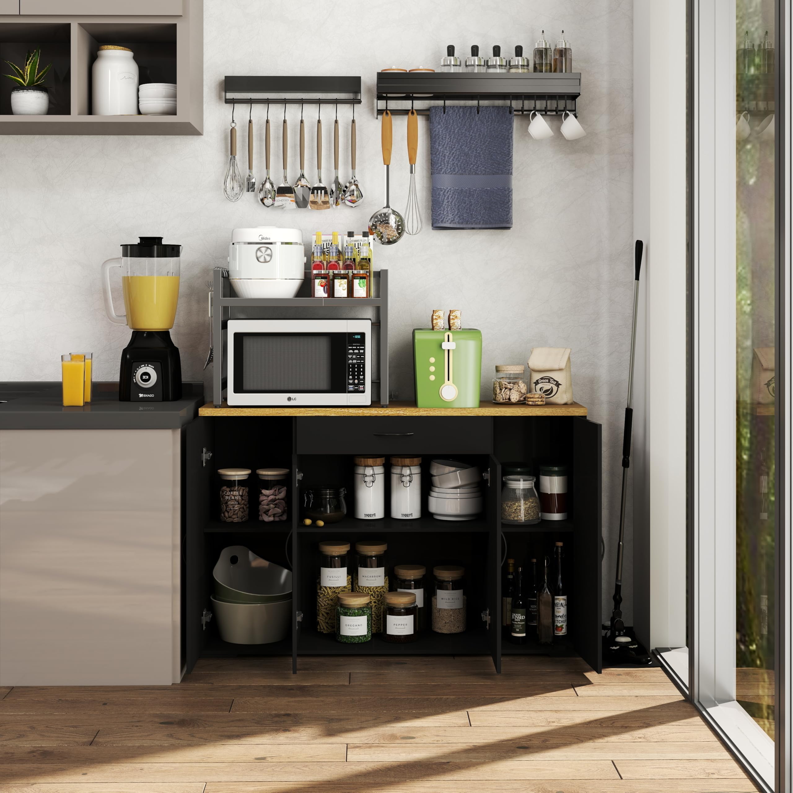 hitsuki Armoire de cuisine avec plan de travail, commode de cuisine, noire, 110 x 30 x 70 cm, avec tiroir et 4 portes, armoire de cuisine, buffet étroit avec espace de rangement, pour cuisine, salle à
